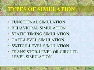 TYPES OF SIMULATION
• FUNCTIONAL SIMULATION
• BEHAVIORAL SIMULATION
• STATIC TIMING SIMULATION
• GATE-LEVEL SIMULATION
• SWITCH-LEVEL SIMULATION
• TRANSISTOR-LEVEL OR CIRCUIT-
LEVEL SIMULATION
 