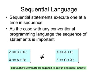 Sequential Language
• Sequential statements execute one at a
time in sequence
• As the case with any conventional
programming language the sequence of
statements is important
Z <= C + X ;
X <= A + B;
X <= A + B;
Z <= C + X ;≠
Sequential statements are required to design sequential circuits
 