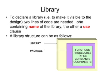 Library
• To declare a library (i.e. to make it visible to the
design) two lines of code are needed , one
containing name of the library, the other a use
clause
• A library structure can be as follows:
FUNCTIONS
PROCEDURES
TYPES
CONSTANTS
COMPONENTS
LIBRARY
PACKAGE
 