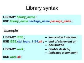 Library syntax
LIBRARY library_name ;
USE library_name.package_name.package_parts ;
LIBRARY IEEE ; -- semicolon indicates
USE IEEE.std_logic_1164.all ; -- end of statement or
-- declaration
LIBRARY work ; -- double dash (--)
-- indicates a comment
USE work.all ;
Example
 