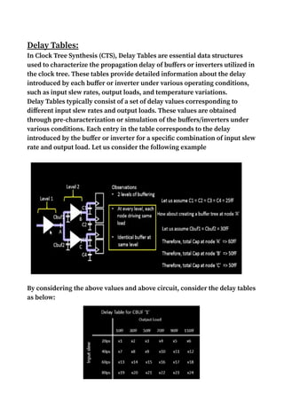 Delay Tables:
In Clock Tree Synthesis (CTS), Delay Tables are essential data structures
used to characterize the propagation delay of buffers or inverters utilized in
the clock tree. These tables provide detailed information about the delay
introduced by each buffer or inverter under various operating conditions,
such as input slew rates, output loads, and temperature variations.
Delay Tables typically consist of a set of delay values corresponding to
different input slew rates and output loads. These values are obtained
through pre-characterization or simulation of the buffers/inverters under
various conditions. Each entry in the table corresponds to the delay
introduced by the buffer or inverter for a specific combination of input slew
rate and output load. Let us consider the following example
By considering the above values and above circuit, consider the delay tables
as below:
 