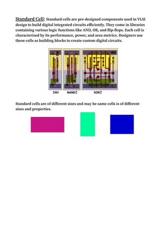 Standard Cell: Standard cells are pre-designed components used in VLSI
design to build digital integrated circuits efficiently. They come in libraries
containing various logic functions like AND, OR, and flip-flops. Each cell is
characterized by its performance, power, and area metrics. Designers use
these cells as building blocks to create custom digital circuits.
Standard cells are of different sizes and may be same cells is of different
sizes and properties.
 