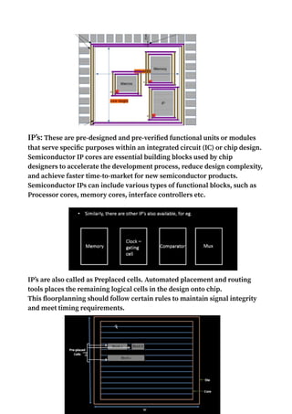 IP’s: These are pre-designed and pre-verified functional units or modules
that serve specific purposes within an integrated circuit (IC) or chip design.
Semiconductor IP cores are essential building blocks used by chip
designers to accelerate the development process, reduce design complexity,
and achieve faster time-to-market for new semiconductor products.
Semiconductor IPs can include various types of functional blocks, such as
Processor cores, memory cores, interface controllers etc.
IP’s are also called as Preplaced cells. Automated placement and routing
tools places the remaining logical cells in the design onto chip.
This floorplanning should follow certain rules to maintain signal integrity
and meet timing requirements.
 