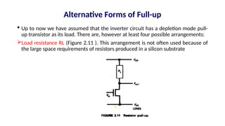 Alternative Forms of Full-up
 Up to now we have assumed that the inverter circuit has a depletion mode pull-
up transistor as its load. There are, however at least four possible arrangements:
Load resistance RL (Figure 2.11 ). This arrangement is not often used because of
the large space requirements of resistors produced in a silicon substrate
 