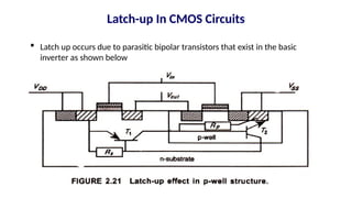  Latch up occurs due to parasitic bipolar transistors that exist in the basic
inverter as shown below
Latch-up In CMOS Circuits
 