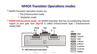 NMOS Transistor Operations modes
 NMOS Transistor operation modes are
• The Enhancement mode
• Depletion mode
 NMOS Enhancement mode : An NMOS transistor that has no conducting channel
region at zero gate bias (Vgs=0) is called enhancement type ( Enhancement
mode) MOSFET.
 