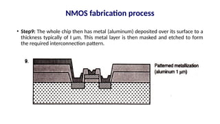 NMOS fabrication process
• Step9: The whole chip then has metal (aluminum) deposited over its surface to a
thickness typically of I µm. This metal layer is then masked and etched to form
the required interconnection pattern.
 