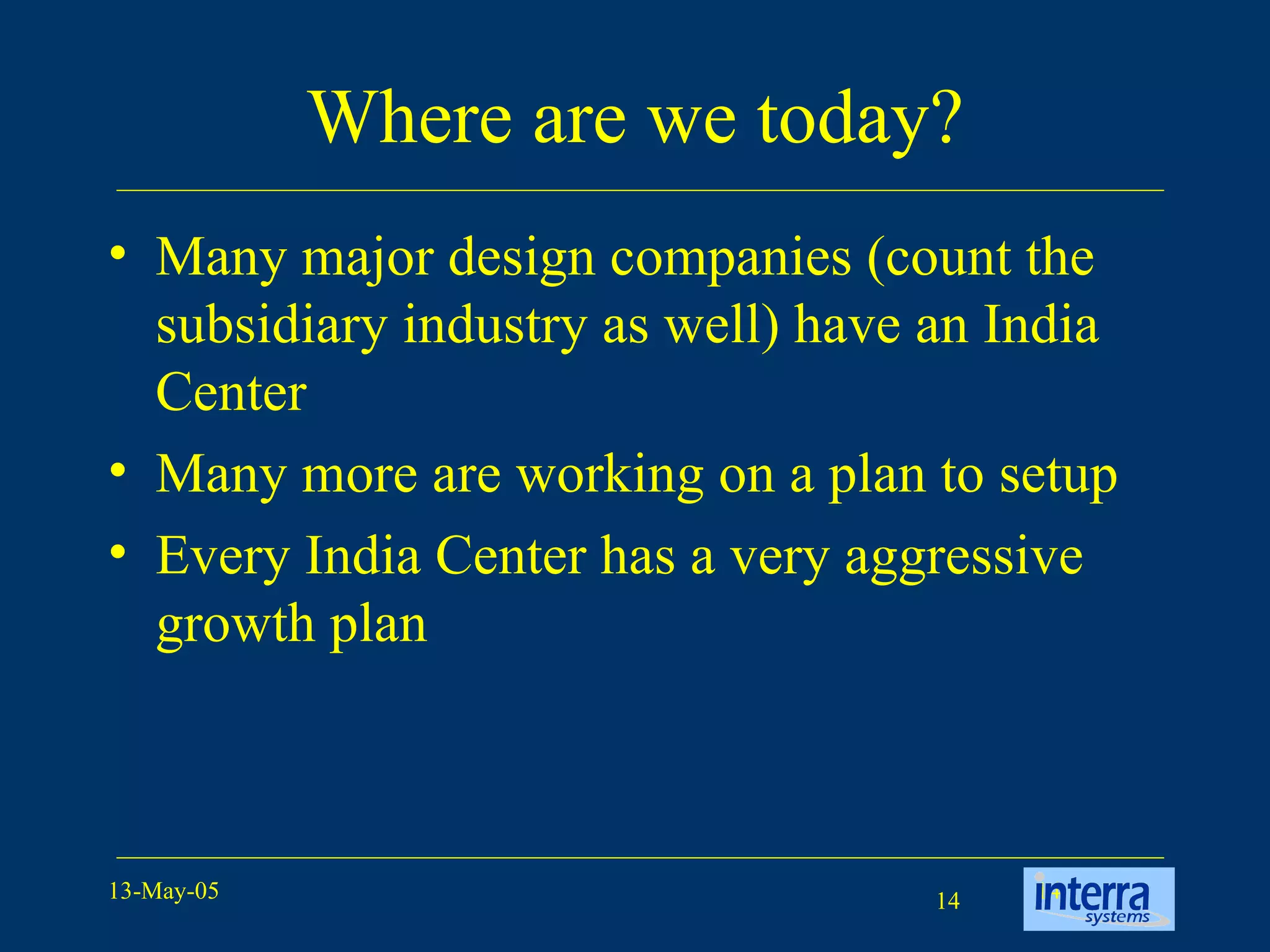 Where are we today? Many major design companies (count the subsidiary industry as well) have an India Center Many more are working on a plan to setup Every India Center has a very aggressive growth plan 
