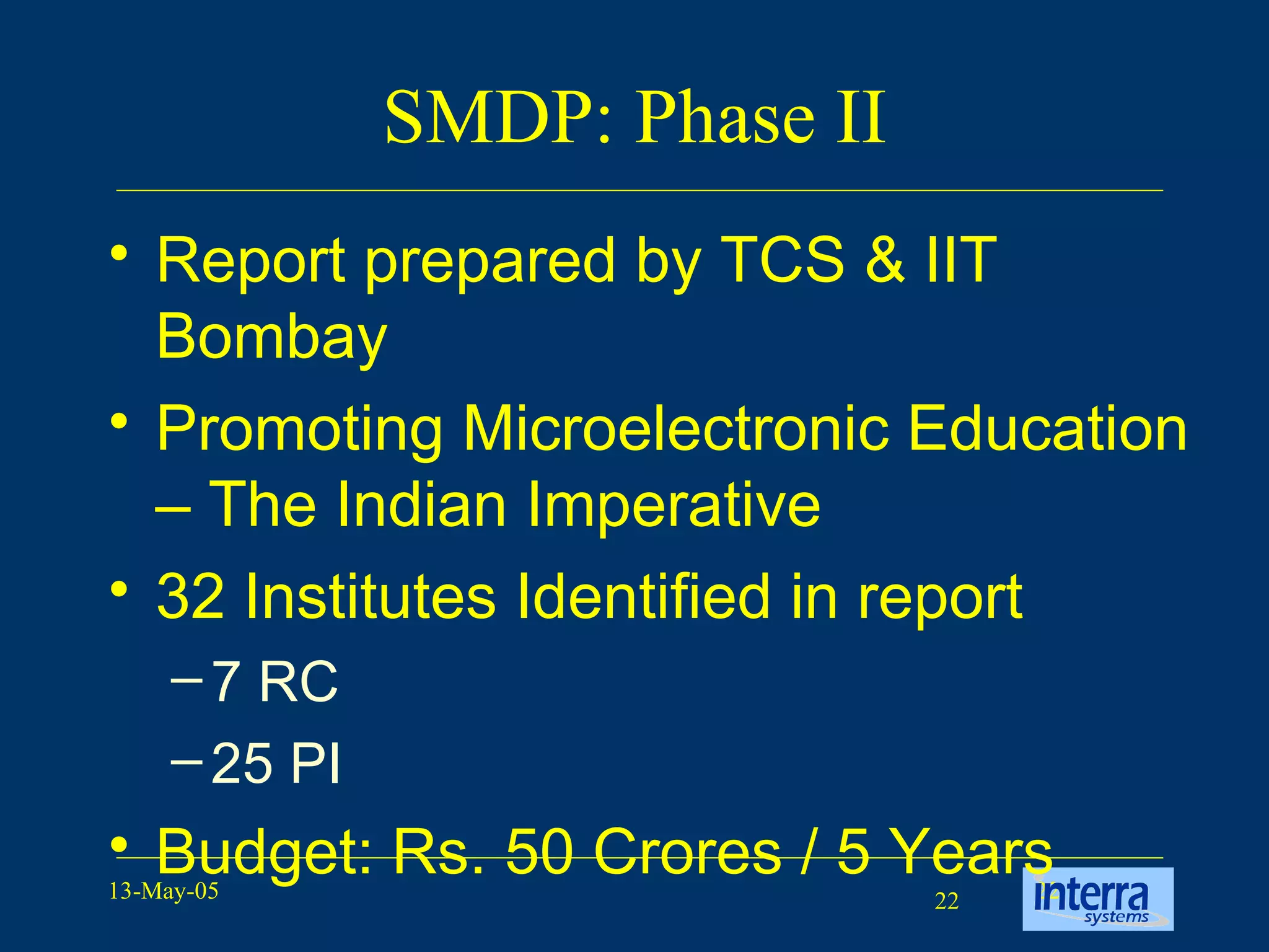 SMDP: Phase II Report prepared by TCS & IIT Bombay Promoting Microelectronic Education – The Indian Imperative 32 Institutes Identified in report  7 RC 25 PI Budget: Rs. 50 Crores / 5 Years 