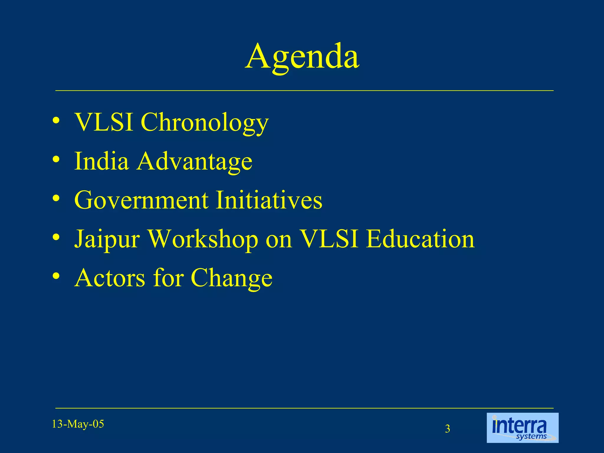 Agenda VLSI Chronology India Advantage Government Initiatives Jaipur Workshop on VLSI Education Actors for Change 