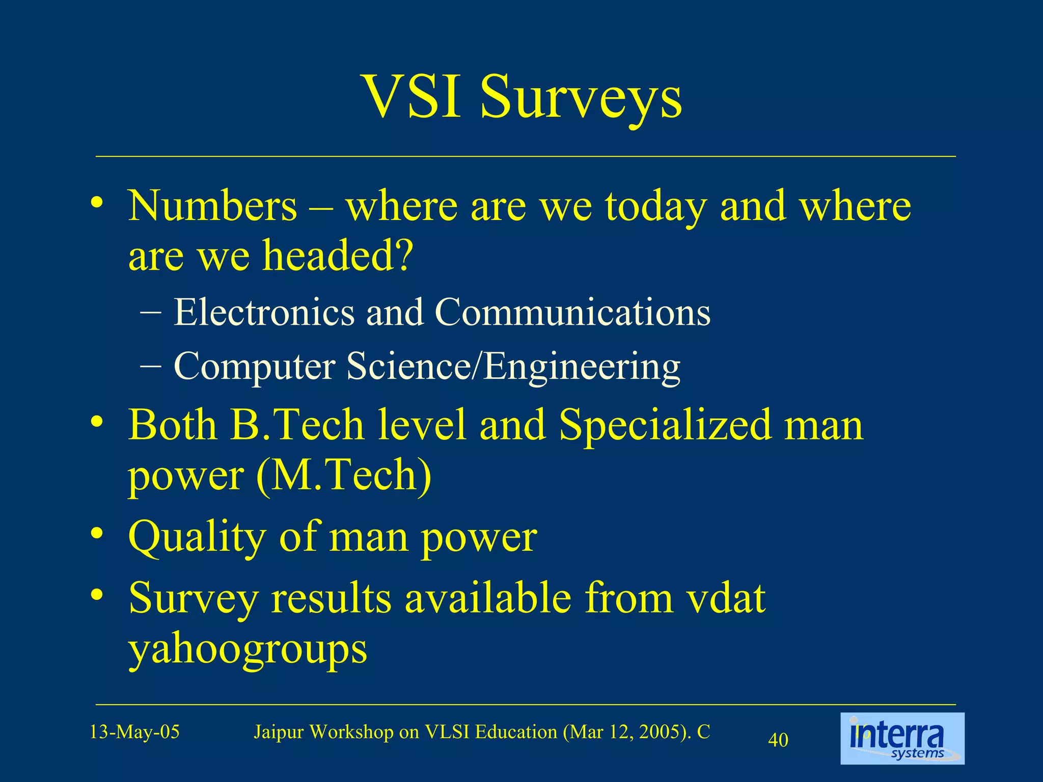 VSI Surveys Numbers – where are we today and where are we headed?  Electronics and Communications Computer Science/Engineering Both B.Tech level and Specialized man power (M.Tech)  Quality of man power  Survey results available from vdat yahoogroups 