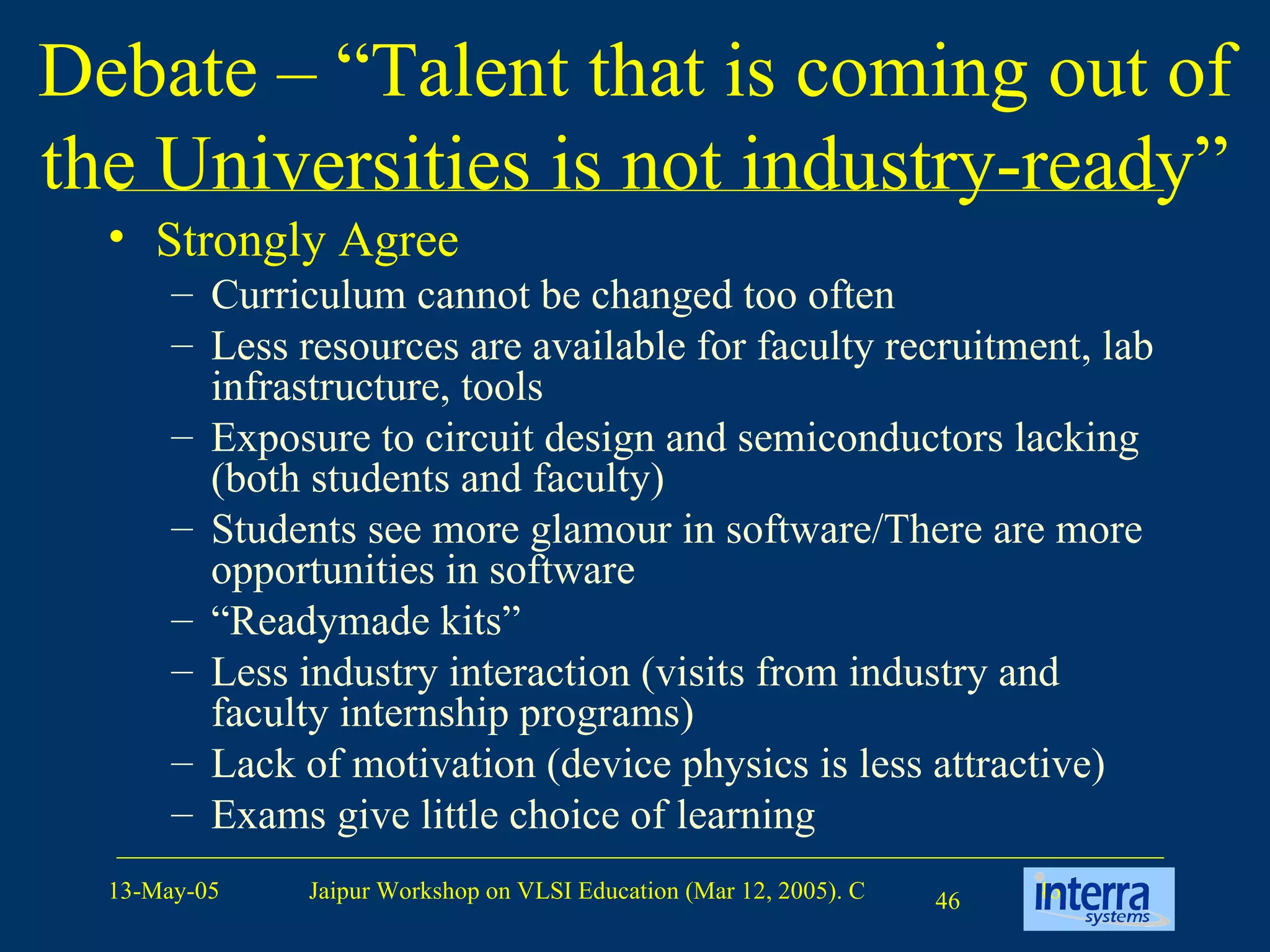 Debate – “Talent that is coming out of the Universities is not industry-ready” Strongly Agree  Curriculum cannot be changed too often  Less resources are available for faculty recruitment, lab infrastructure, tools  Exposure to circuit design and semiconductors lacking (both students and faculty)  Students see more glamour in software/There are more opportunities in software  “ Readymade kits”  Less industry interaction (visits from industry and faculty internship programs)  Lack of motivation (device physics is less attractive)  Exams give little choice of learning 