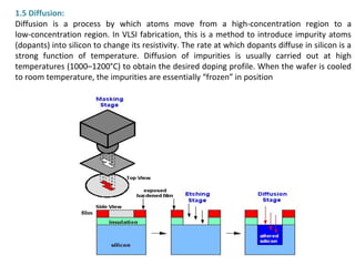1.5 Diffusion:
Diffusion is a process by which atoms move from a high-concentration region to a
low-concentration region. In VLSI fabrication, this is a method to introduce impurity atoms
(dopants) into silicon to change its resistivity. The rate at which dopants diffuse in silicon is a
strong function of temperature. Diffusion of impurities is usually carried out at high
temperatures (1000–1200°C) to obtain the desired doping profile. When the wafer is cooled
to room temperature, the impurities are essentially “frozen” in position
 