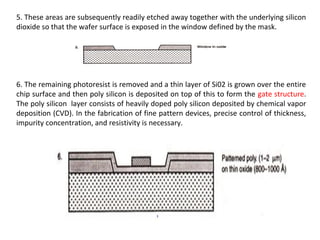 5. These areas are subsequently readily etched away together with the underlying silicon
dioxide so that the wafer surface is exposed in the window defined by the mask.
6. The remaining photoresist is removed and a thin layer of Si02 is grown over the entire
chip surface and then poly silicon is deposited on top of this to form the gate structure.
The poly silicon layer consists of heavily doped poly silicon deposited by chemical vapor
deposition (CVD). In the fabrication of fine pattern devices, precise control of thickness,
impurity concentration, and resistivity is necessary.
 
