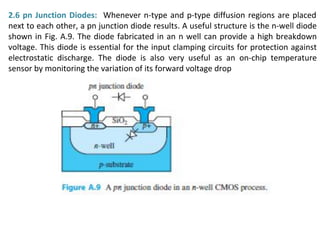 2.6 pn Junction Diodes: Whenever n-type and p-type diffusion regions are placed
next to each other, a pn junction diode results. A useful structure is the n-well diode
shown in Fig. A.9. The diode fabricated in an n well can provide a high breakdown
voltage. This diode is essential for the input clamping circuits for protection against
electrostatic discharge. The diode is also very useful as an on-chip temperature
sensor by monitoring the variation of its forward voltage drop
 