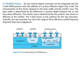 2.7 BiCMOS Process : An npn vertical bipolar transistor can be integrated into the
n-well CMOS process with the addition of a p-base diffusion region (Fig. A.10). The
characteristics of this device depend on the base width and the emitter area. The
base width is determined by the difference in junction depth between the n+ and
the p-base diffusions. The emitter area is determined by the junction area of the n+
diffusion at the emitter. The n-well serves as the collector for the npn transistor.
Typically, the npn transistor has a β in the range of 50 to 100 and a cutoff frequency
of greater than tens of gigahertz.
 