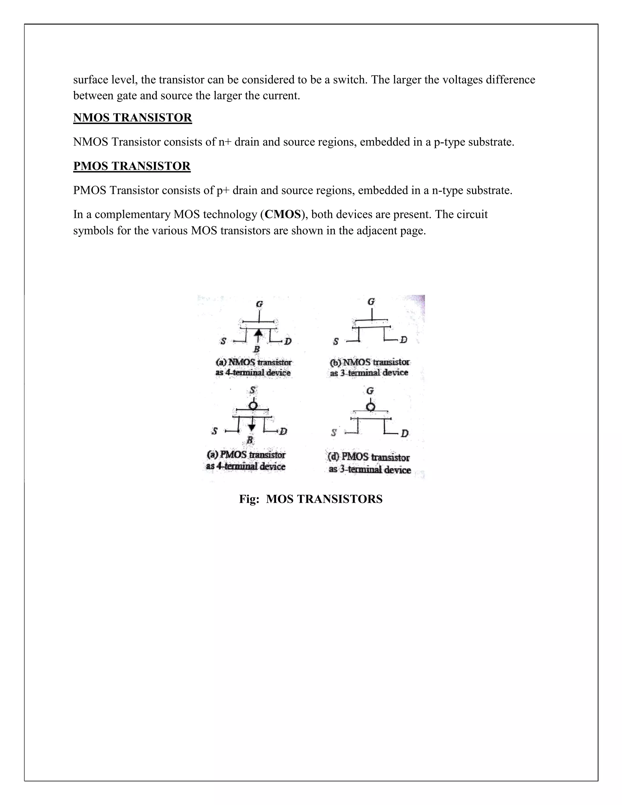 surface level, the transistor can be considered to be a switch. The larger the voltages difference
between gate and source the larger the current.
NMOS TRANSISTOR
NMOS Transistor consists of n+ drain and source regions, embedded in a p-type substrate.
PMOS TRANSISTOR
PMOS Transistor consists of p+ drain and source regions, embedded in a n-type substrate.
In a complementary MOS technology (CMOS), both devices are present. The circuit
symbols for the various MOS transistors are shown in the adjacent page.
Fig: MOS TRANSISTORS
 
