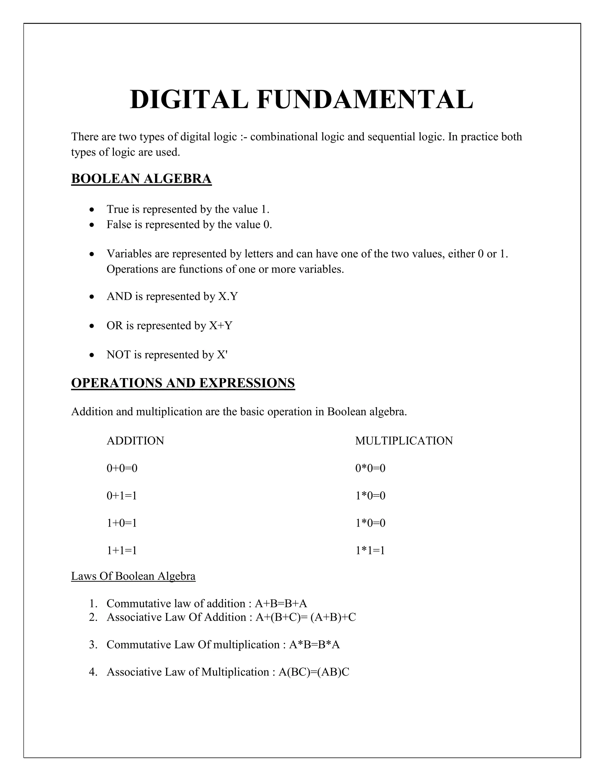 DIGITAL FUNDAMENTAL
There are two types of digital logic :- combinational logic and sequential logic. In practice both
types of logic are used.
BOOLEAN ALGEBRA
 True is represented by the value 1.
 False is represented by the value 0.

 Variables are represented by letters and can have one of the two values, either 0 or 1.
Operations are functions of one or more variables.

 AND is represented by X.Y

 OR is represented by X+Y

 NOT is represented by X'
OPERATIONS AND EXPRESSIONS
Addition and multiplication are the basic operation in Boolean algebra.
ADDITION MULTIPLICATION
0+0=0 0*0=0
0+1=1 1*0=0
1+0=1 1*0=0
1+1=1 1*1=1
Laws Of Boolean Algebra
1. Commutative law of addition : A+B=B+A
2. Associative Law Of Addition : A+(B+C)= (A+B)+C
3. Commutative Law Of multiplication : A*B=B*A
4. Associative Law of Multiplication : A(BC)=(AB)C
 