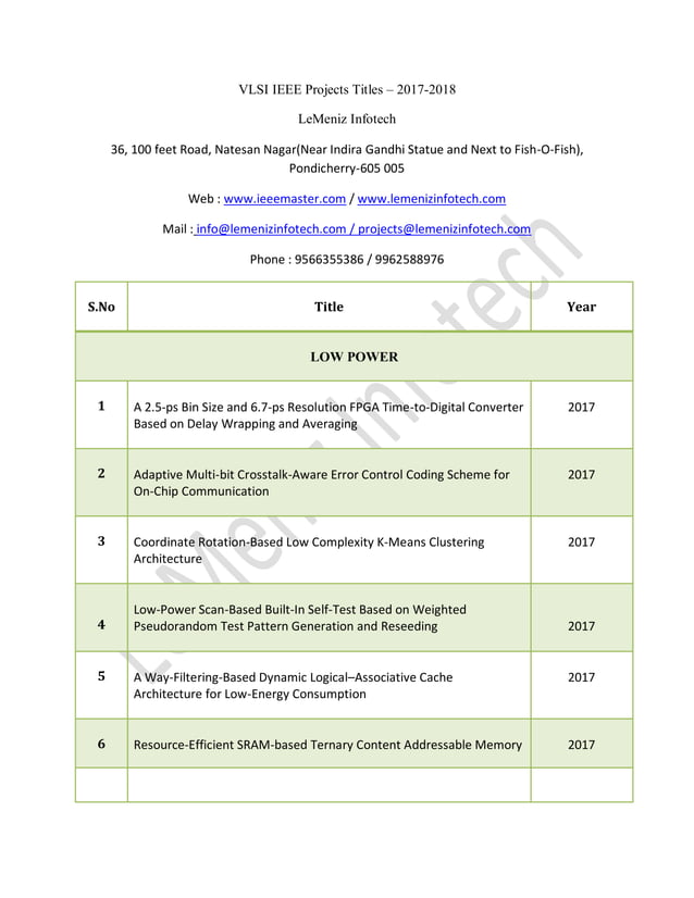 VLSI ieee projects 2017-2018 | VLSI ieee projects Titles 2017-2018 | PDF