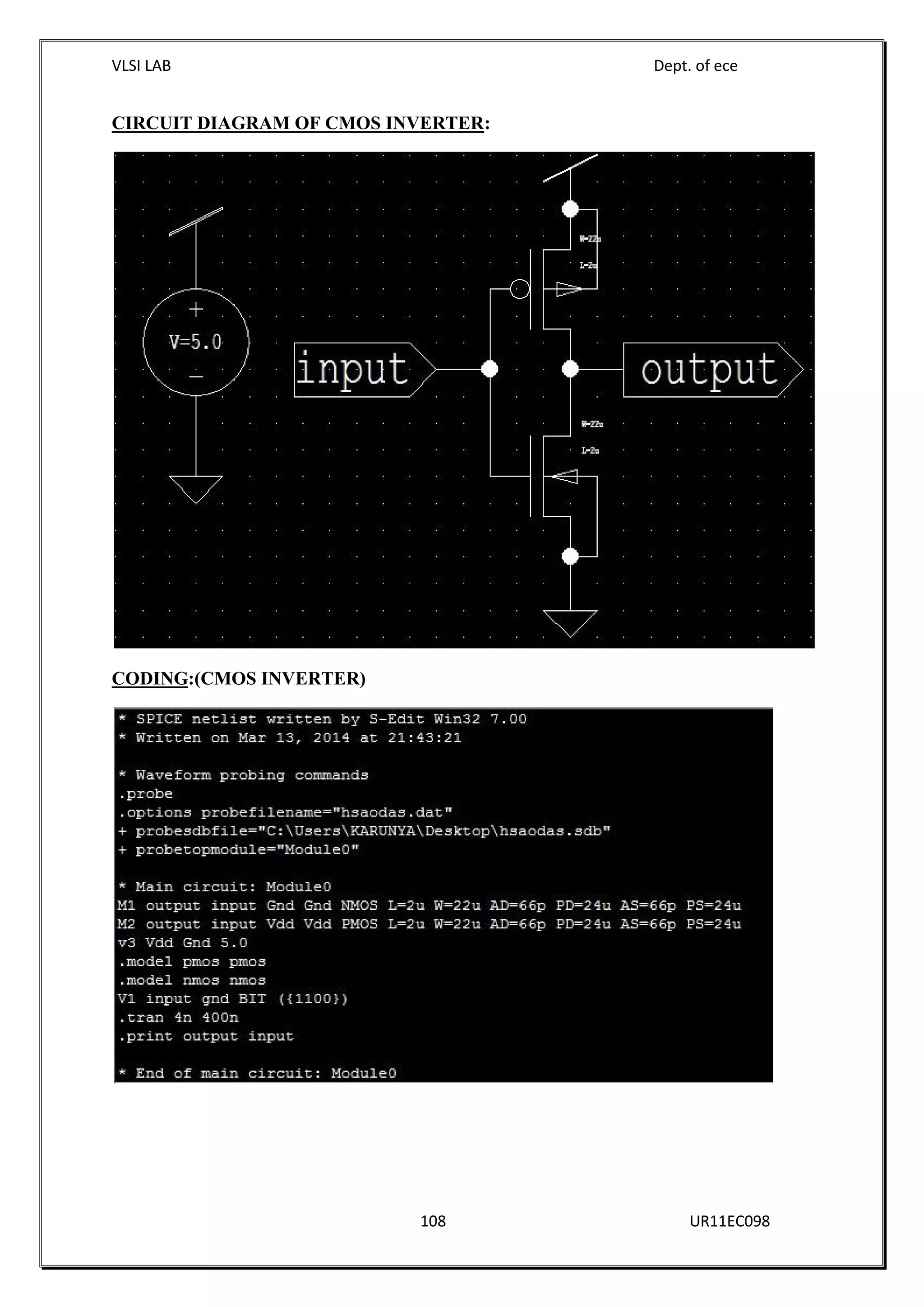 VLSI LAB Dept. of ece
108 UR11EC098
CIRCUIT DIAGRAM OF CMOS INVERTER:
CODING:(CMOS INVERTER)
 