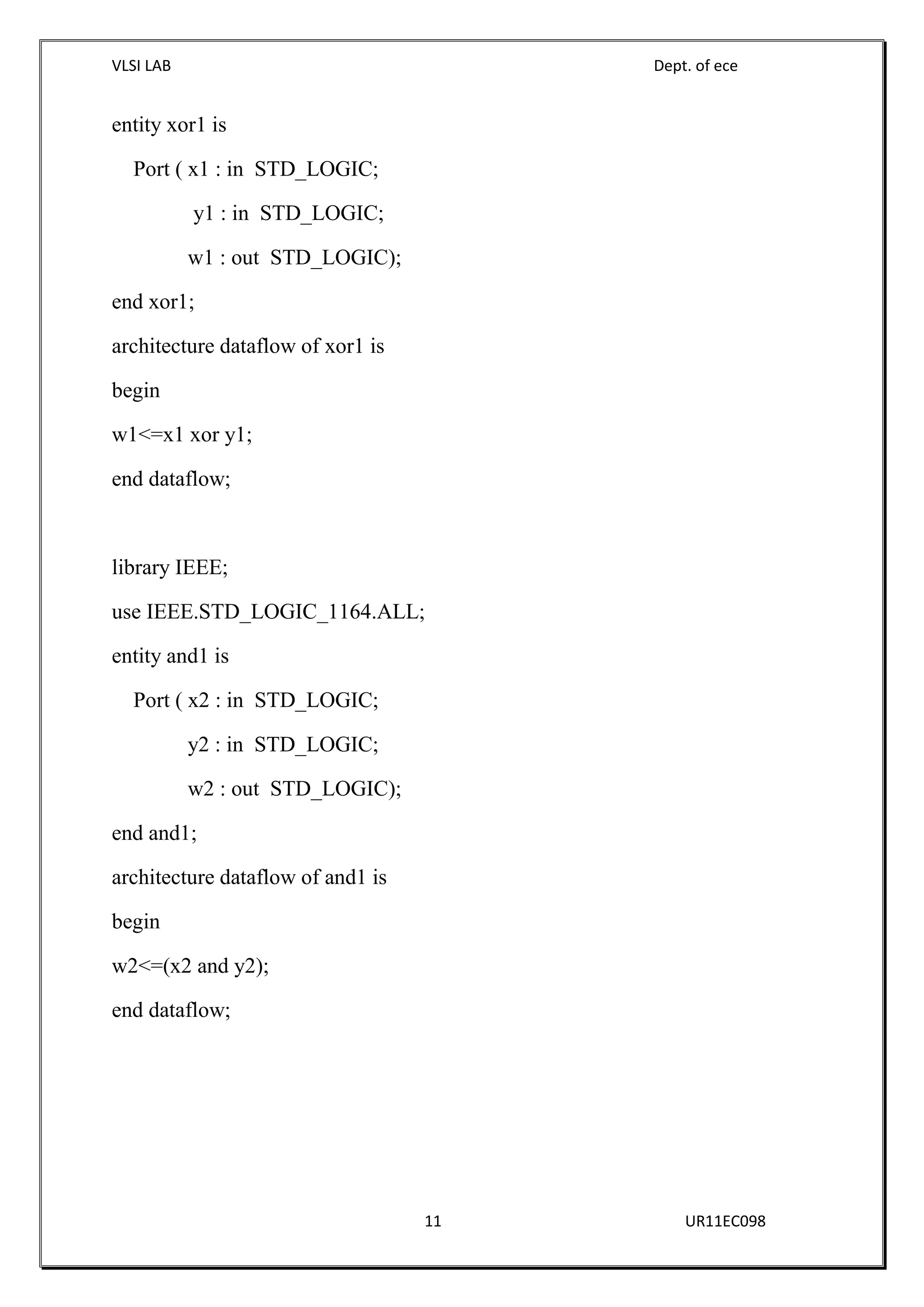 VLSI LAB Dept. of ece
11 UR11EC098
entity xor1 is
Port ( x1 : in STD_LOGIC;
y1 : in STD_LOGIC;
w1 : out STD_LOGIC);
end xor1;
architecture dataflow of xor1 is
begin
w1<=x1 xor y1;
end dataflow;
library IEEE;
use IEEE.STD_LOGIC_1164.ALL;
entity and1 is
Port ( x2 : in STD_LOGIC;
y2 : in STD_LOGIC;
w2 : out STD_LOGIC);
end and1;
architecture dataflow of and1 is
begin
w2<=(x2 and y2);
end dataflow;
 