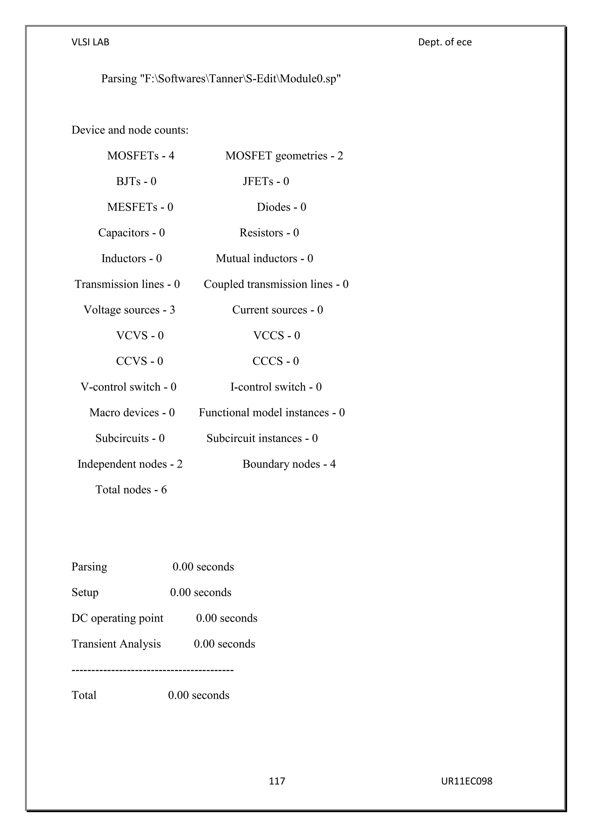 VLSI LAB Dept. of ece
117 UR11EC098
Parsing "F:SoftwaresTannerS-EditModule0.sp"
Device and node counts:
MOSFETs - 4 MOSFET geometries - 2
BJTs - 0 JFETs - 0
MESFETs - 0 Diodes - 0
Capacitors - 0 Resistors - 0
Inductors - 0 Mutual inductors - 0
Transmission lines - 0 Coupled transmission lines - 0
Voltage sources - 3 Current sources - 0
VCVS - 0 VCCS - 0
CCVS - 0 CCCS - 0
V-control switch - 0 I-control switch - 0
Macro devices - 0 Functional model instances - 0
Subcircuits - 0 Subcircuit instances - 0
Independent nodes - 2 Boundary nodes - 4
Total nodes - 6
Parsing 0.00 seconds
Setup 0.00 seconds
DC operating point 0.00 seconds
Transient Analysis 0.00 seconds
-----------------------------------------
Total 0.00 seconds
 