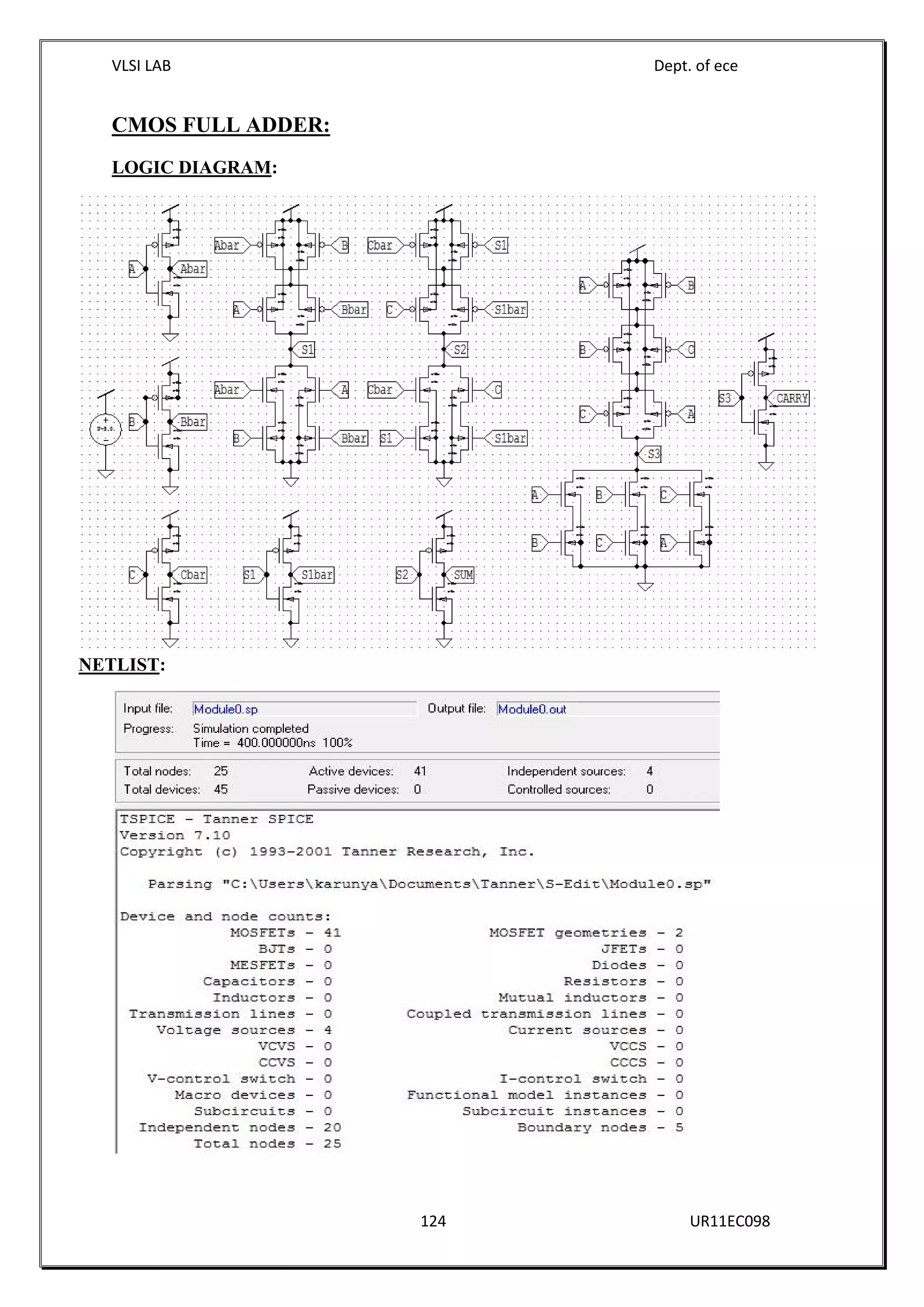 VLSI LAB Dept. of ece
124 UR11EC098
CMOS FULL ADDER:
LOGIC DIAGRAM:
NETLIST:
VLSI LAB Dept. of ece
124 UR11EC098
CMOS FULL ADDER:
LOGIC DIAGRAM:
NETLIST:
VLSI LAB Dept. of ece
124 UR11EC098
CMOS FULL ADDER:
LOGIC DIAGRAM:
NETLIST:
 