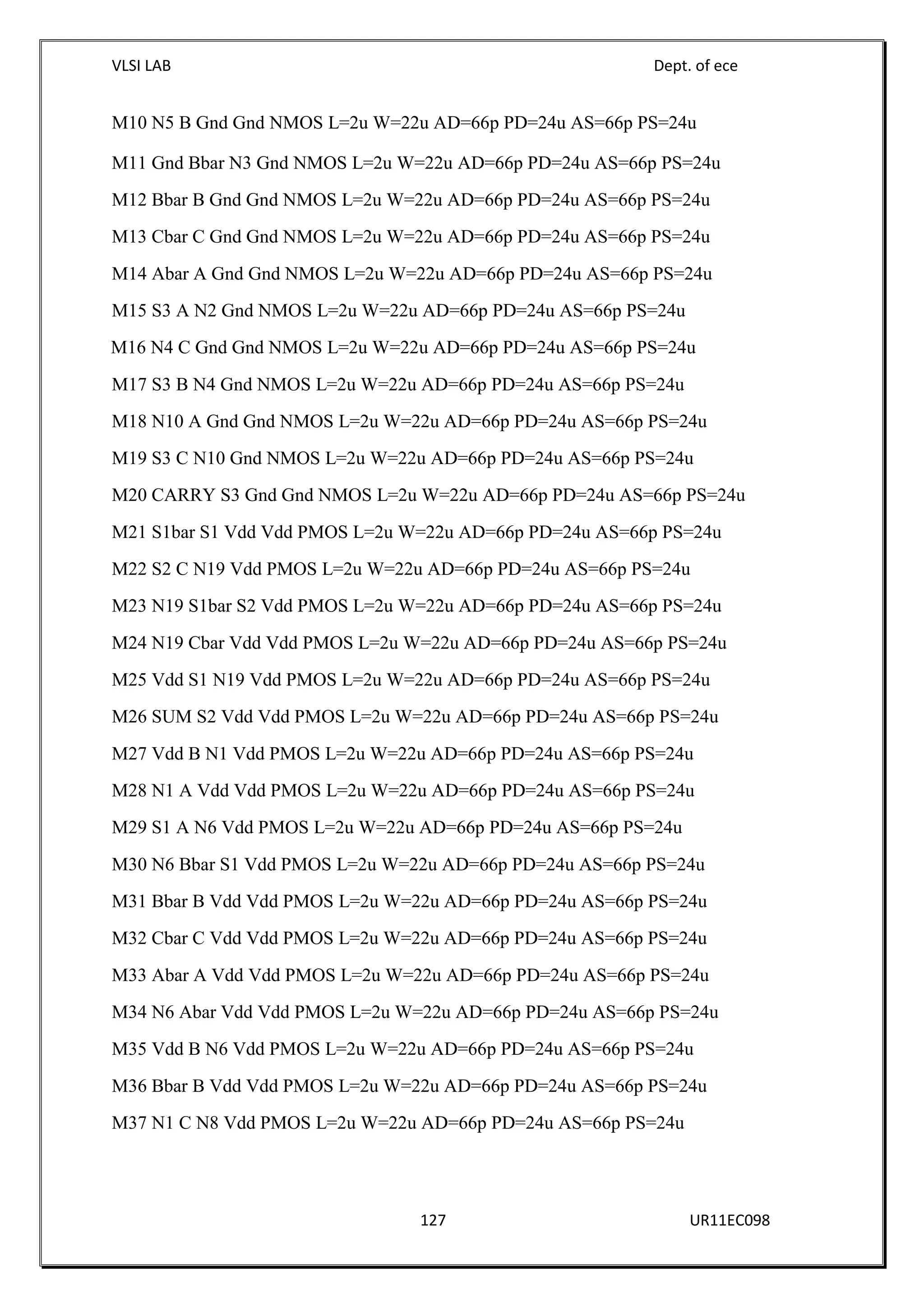 VLSI LAB Dept. of ece
127 UR11EC098
M10 N5 B Gnd Gnd NMOS L=2u W=22u AD=66p PD=24u AS=66p PS=24u
M11 Gnd Bbar N3 Gnd NMOS L=2u W=22u AD=66p PD=24u AS=66p PS=24u
M12 Bbar B Gnd Gnd NMOS L=2u W=22u AD=66p PD=24u AS=66p PS=24u
M13 Cbar C Gnd Gnd NMOS L=2u W=22u AD=66p PD=24u AS=66p PS=24u
M14 Abar A Gnd Gnd NMOS L=2u W=22u AD=66p PD=24u AS=66p PS=24u
M15 S3 A N2 Gnd NMOS L=2u W=22u AD=66p PD=24u AS=66p PS=24u
M16 N4 C Gnd Gnd NMOS L=2u W=22u AD=66p PD=24u AS=66p PS=24u
M17 S3 B N4 Gnd NMOS L=2u W=22u AD=66p PD=24u AS=66p PS=24u
M18 N10 A Gnd Gnd NMOS L=2u W=22u AD=66p PD=24u AS=66p PS=24u
M19 S3 C N10 Gnd NMOS L=2u W=22u AD=66p PD=24u AS=66p PS=24u
M20 CARRY S3 Gnd Gnd NMOS L=2u W=22u AD=66p PD=24u AS=66p PS=24u
M21 S1bar S1 Vdd Vdd PMOS L=2u W=22u AD=66p PD=24u AS=66p PS=24u
M22 S2 C N19 Vdd PMOS L=2u W=22u AD=66p PD=24u AS=66p PS=24u
M23 N19 S1bar S2 Vdd PMOS L=2u W=22u AD=66p PD=24u AS=66p PS=24u
M24 N19 Cbar Vdd Vdd PMOS L=2u W=22u AD=66p PD=24u AS=66p PS=24u
M25 Vdd S1 N19 Vdd PMOS L=2u W=22u AD=66p PD=24u AS=66p PS=24u
M26 SUM S2 Vdd Vdd PMOS L=2u W=22u AD=66p PD=24u AS=66p PS=24u
M27 Vdd B N1 Vdd PMOS L=2u W=22u AD=66p PD=24u AS=66p PS=24u
M28 N1 A Vdd Vdd PMOS L=2u W=22u AD=66p PD=24u AS=66p PS=24u
M29 S1 A N6 Vdd PMOS L=2u W=22u AD=66p PD=24u AS=66p PS=24u
M30 N6 Bbar S1 Vdd PMOS L=2u W=22u AD=66p PD=24u AS=66p PS=24u
M31 Bbar B Vdd Vdd PMOS L=2u W=22u AD=66p PD=24u AS=66p PS=24u
M32 Cbar C Vdd Vdd PMOS L=2u W=22u AD=66p PD=24u AS=66p PS=24u
M33 Abar A Vdd Vdd PMOS L=2u W=22u AD=66p PD=24u AS=66p PS=24u
M34 N6 Abar Vdd Vdd PMOS L=2u W=22u AD=66p PD=24u AS=66p PS=24u
M35 Vdd B N6 Vdd PMOS L=2u W=22u AD=66p PD=24u AS=66p PS=24u
M36 Bbar B Vdd Vdd PMOS L=2u W=22u AD=66p PD=24u AS=66p PS=24u
M37 N1 C N8 Vdd PMOS L=2u W=22u AD=66p PD=24u AS=66p PS=24u
 