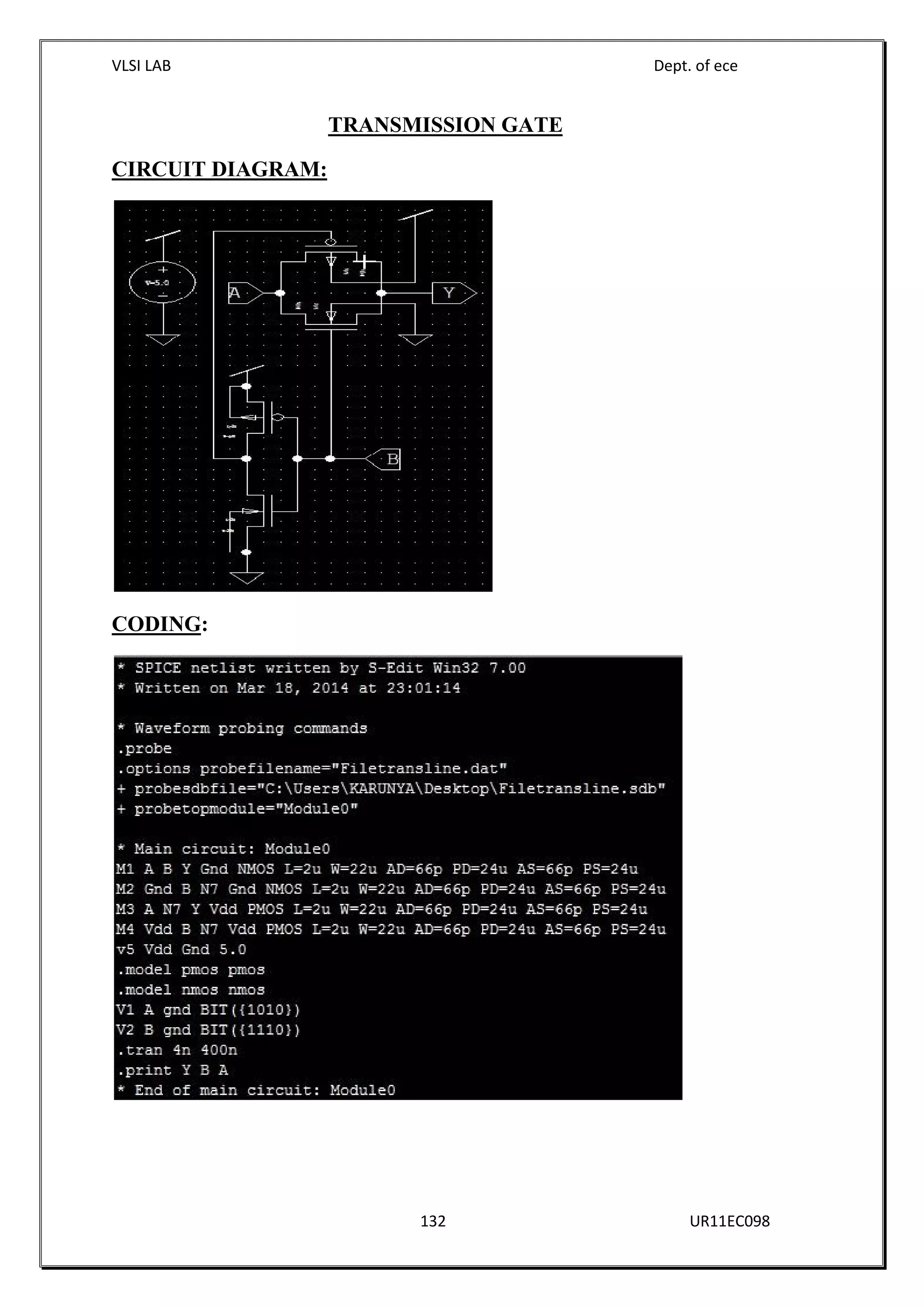 VLSI LAB Dept. of ece
132 UR11EC098
TRANSMISSION GATE
CIRCUIT DIAGRAM:
CODING:
 