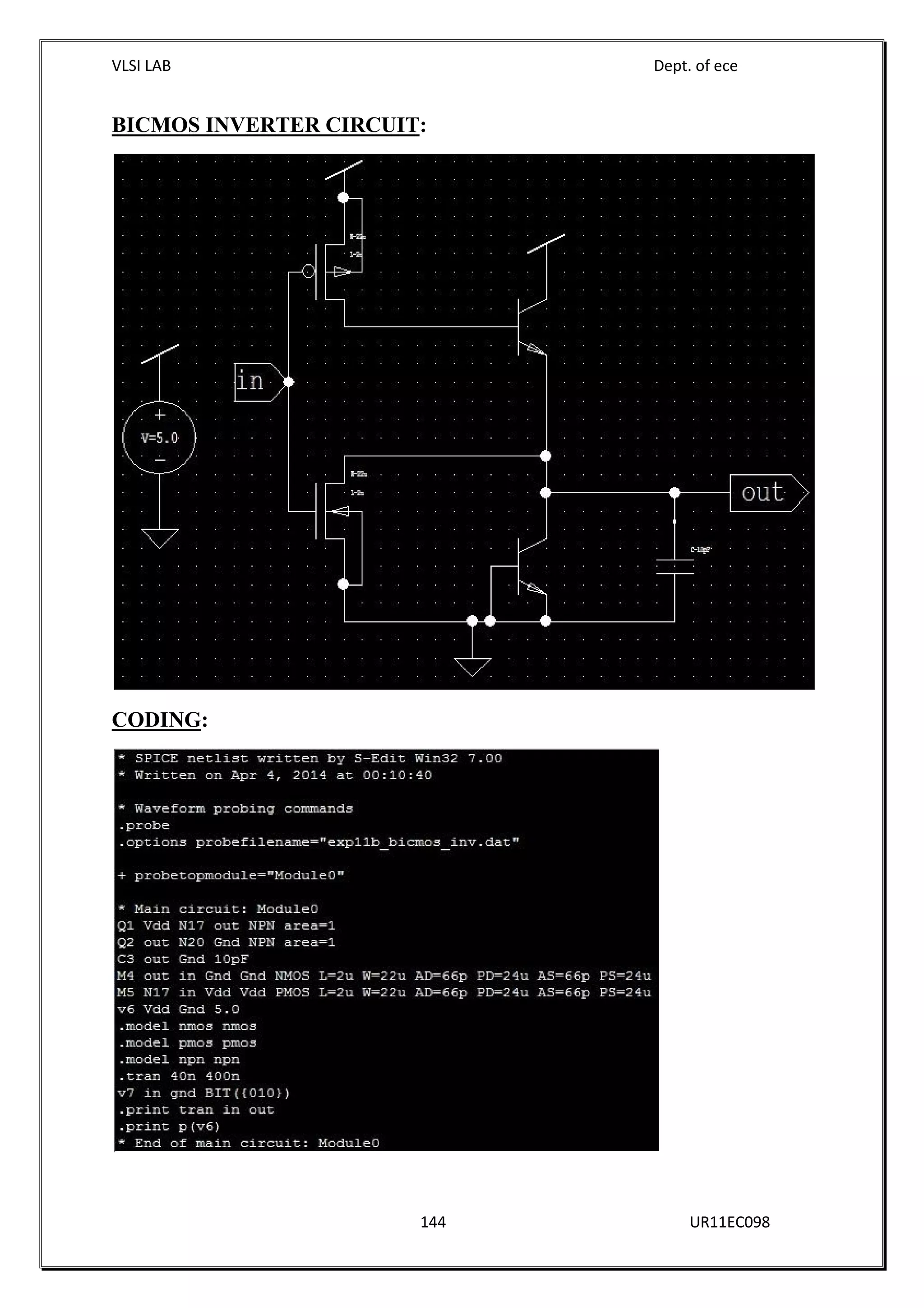 VLSI LAB Dept. of ece
144 UR11EC098
BICMOS INVERTER CIRCUIT:
CODING:
 