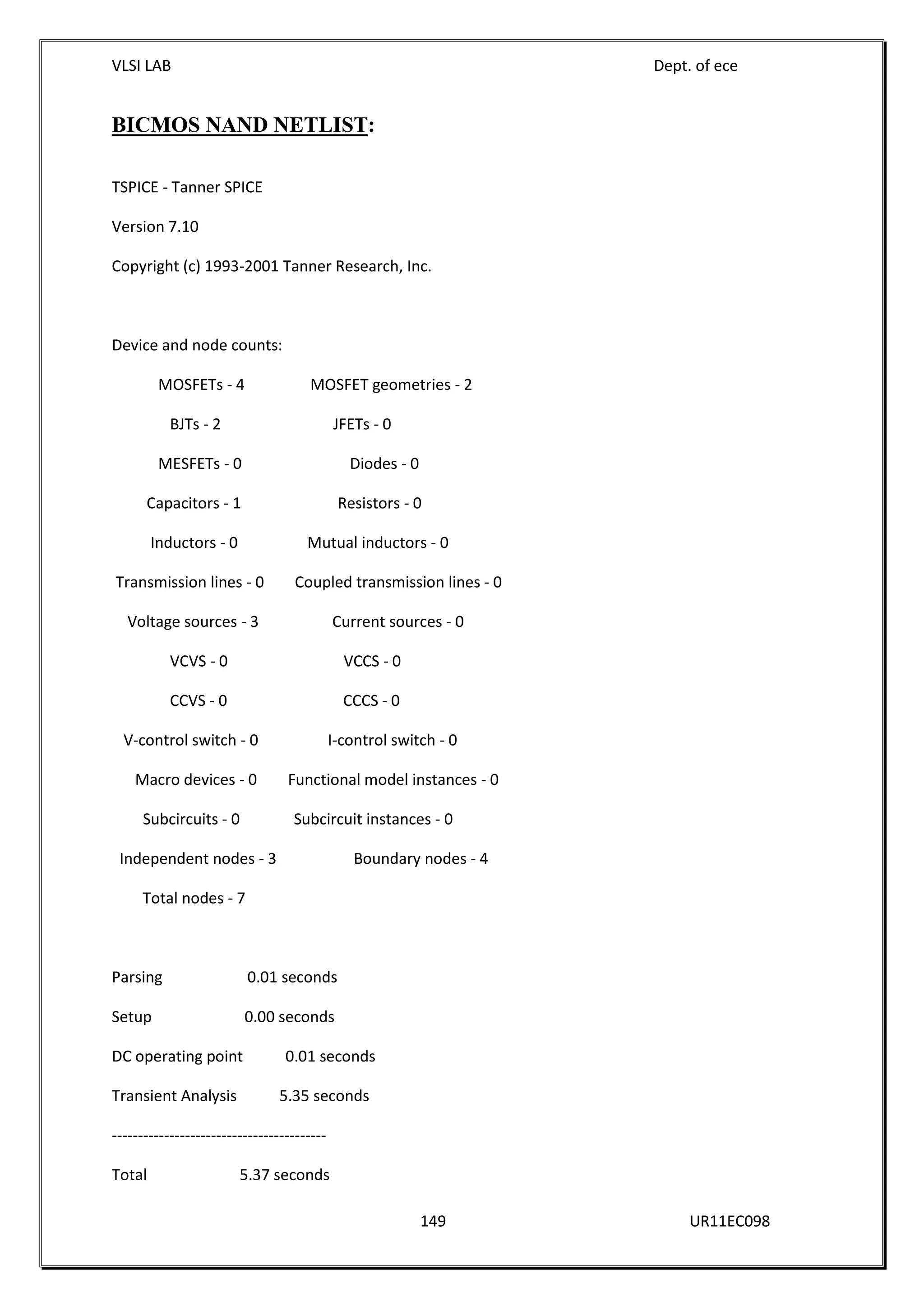 VLSI LAB Dept. of ece
149 UR11EC098
BICMOS NAND NETLIST:
TSPICE - Tanner SPICE
Version 7.10
Copyright (c) 1993-2001 Tanner Research, Inc.
Device and node counts:
MOSFETs - 4 MOSFET geometries - 2
BJTs - 2 JFETs - 0
MESFETs - 0 Diodes - 0
Capacitors - 1 Resistors - 0
Inductors - 0 Mutual inductors - 0
Transmission lines - 0 Coupled transmission lines - 0
Voltage sources - 3 Current sources - 0
VCVS - 0 VCCS - 0
CCVS - 0 CCCS - 0
V-control switch - 0 I-control switch - 0
Macro devices - 0 Functional model instances - 0
Subcircuits - 0 Subcircuit instances - 0
Independent nodes - 3 Boundary nodes - 4
Total nodes - 7
Parsing 0.01 seconds
Setup 0.00 seconds
DC operating point 0.01 seconds
Transient Analysis 5.35 seconds
-----------------------------------------
Total 5.37 seconds
 