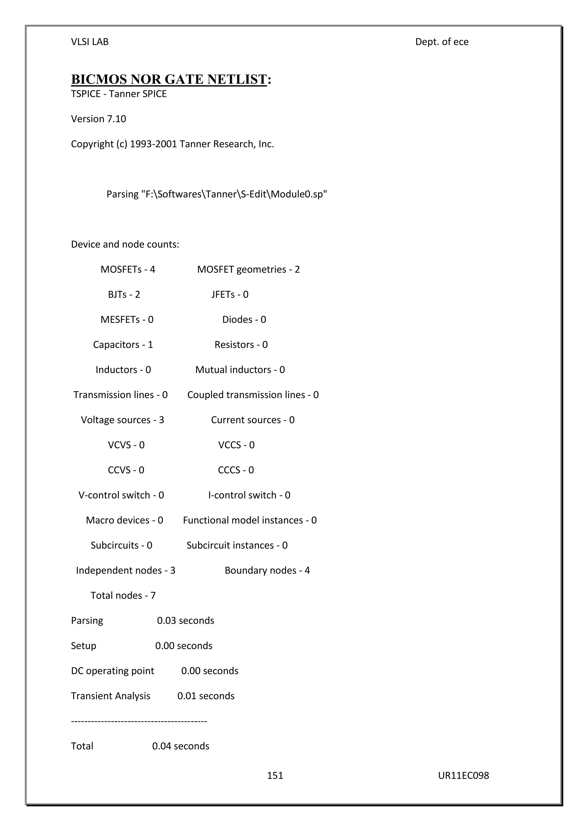 VLSI LAB Dept. of ece
151 UR11EC098
BICMOS NOR GATE NETLIST:
TSPICE - Tanner SPICE
Version 7.10
Copyright (c) 1993-2001 Tanner Research, Inc.
Parsing "F:SoftwaresTannerS-EditModule0.sp"
Device and node counts:
MOSFETs - 4 MOSFET geometries - 2
BJTs - 2 JFETs - 0
MESFETs - 0 Diodes - 0
Capacitors - 1 Resistors - 0
Inductors - 0 Mutual inductors - 0
Transmission lines - 0 Coupled transmission lines - 0
Voltage sources - 3 Current sources - 0
VCVS - 0 VCCS - 0
CCVS - 0 CCCS - 0
V-control switch - 0 I-control switch - 0
Macro devices - 0 Functional model instances - 0
Subcircuits - 0 Subcircuit instances - 0
Independent nodes - 3 Boundary nodes - 4
Total nodes - 7
Parsing 0.03 seconds
Setup 0.00 seconds
DC operating point 0.00 seconds
Transient Analysis 0.01 seconds
-----------------------------------------
Total 0.04 seconds
 