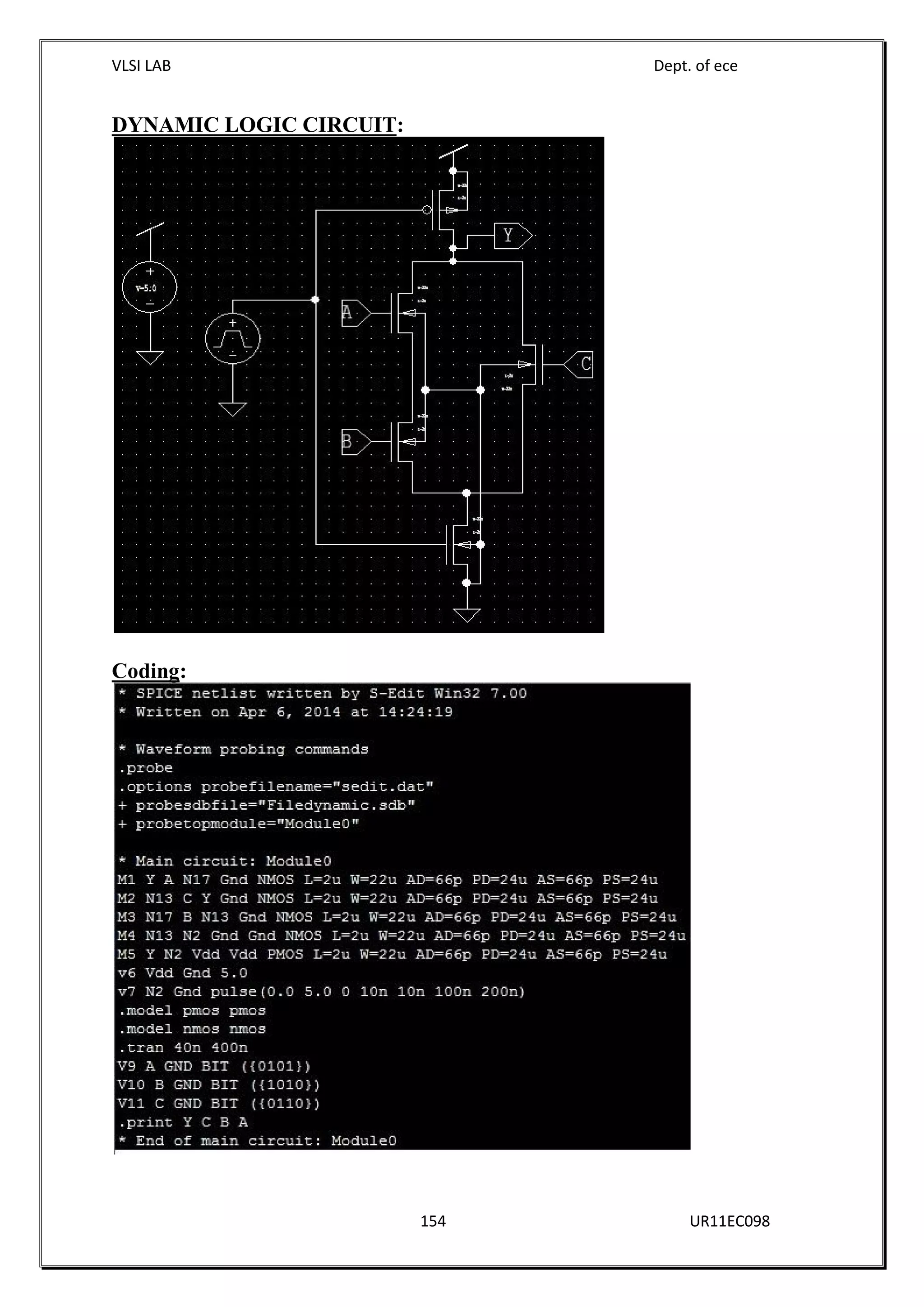 VLSI LAB Dept. of ece
154 UR11EC098
DYNAMIC LOGIC CIRCUIT:
Coding:
 