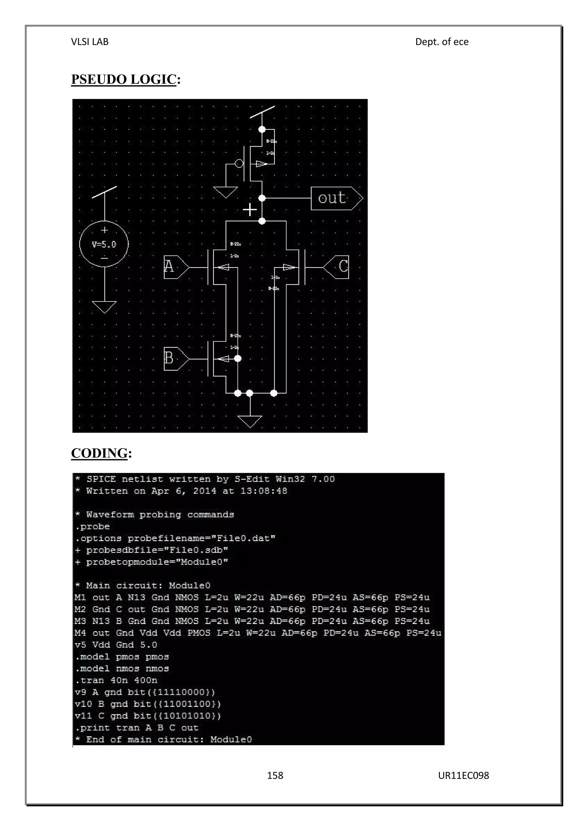 VLSI LAB Dept. of ece
158 UR11EC098
PSEUDO LOGIC:
CODING:
 