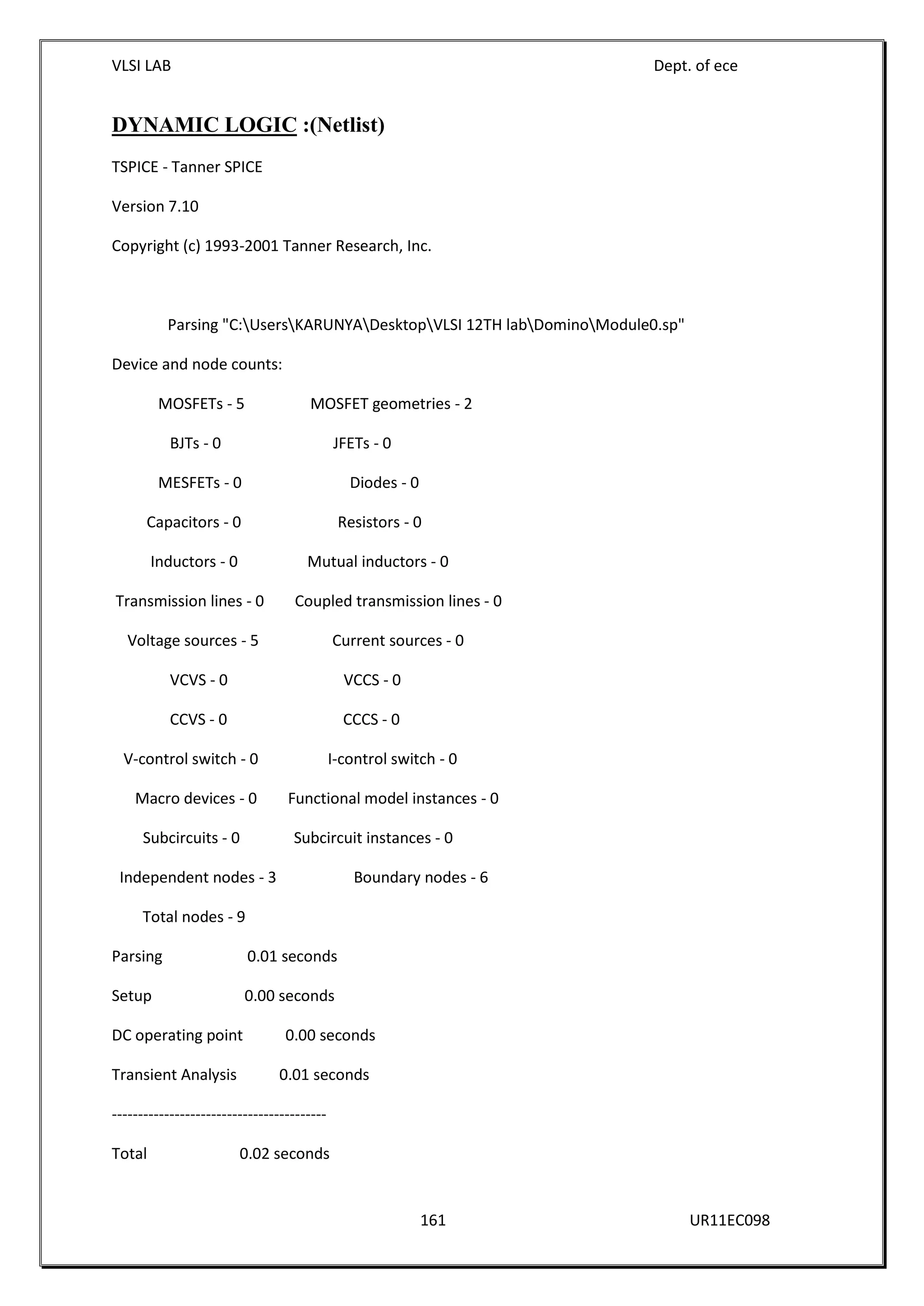 VLSI LAB Dept. of ece
161 UR11EC098
DYNAMIC LOGIC :(Netlist)
TSPICE - Tanner SPICE
Version 7.10
Copyright (c) 1993-2001 Tanner Research, Inc.
Parsing "C:UsersKARUNYADesktopVLSI 12TH labDominoModule0.sp"
Device and node counts:
MOSFETs - 5 MOSFET geometries - 2
BJTs - 0 JFETs - 0
MESFETs - 0 Diodes - 0
Capacitors - 0 Resistors - 0
Inductors - 0 Mutual inductors - 0
Transmission lines - 0 Coupled transmission lines - 0
Voltage sources - 5 Current sources - 0
VCVS - 0 VCCS - 0
CCVS - 0 CCCS - 0
V-control switch - 0 I-control switch - 0
Macro devices - 0 Functional model instances - 0
Subcircuits - 0 Subcircuit instances - 0
Independent nodes - 3 Boundary nodes - 6
Total nodes - 9
Parsing 0.01 seconds
Setup 0.00 seconds
DC operating point 0.00 seconds
Transient Analysis 0.01 seconds
-----------------------------------------
Total 0.02 seconds
 