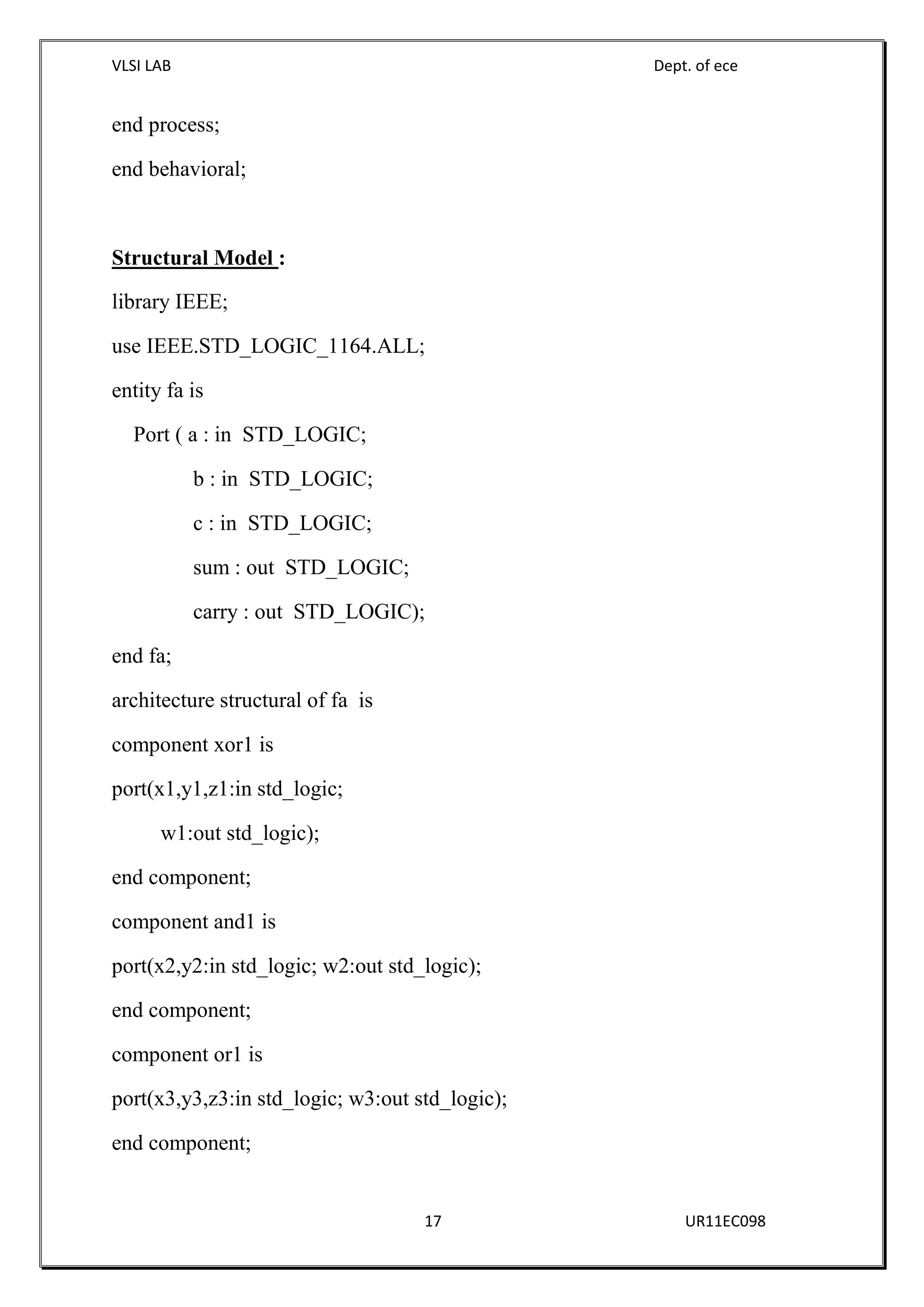 VLSI LAB Dept. of ece
17 UR11EC098
end process;
end behavioral;
Structural Model :
library IEEE;
use IEEE.STD_LOGIC_1164.ALL;
entity fa is
Port ( a : in STD_LOGIC;
b : in STD_LOGIC;
c : in STD_LOGIC;
sum : out STD_LOGIC;
carry : out STD_LOGIC);
end fa;
architecture structural of fa is
component xor1 is
port(x1,y1,z1:in std_logic;
w1:out std_logic);
end component;
component and1 is
port(x2,y2:in std_logic; w2:out std_logic);
end component;
component or1 is
port(x3,y3,z3:in std_logic; w3:out std_logic);
end component;
 
