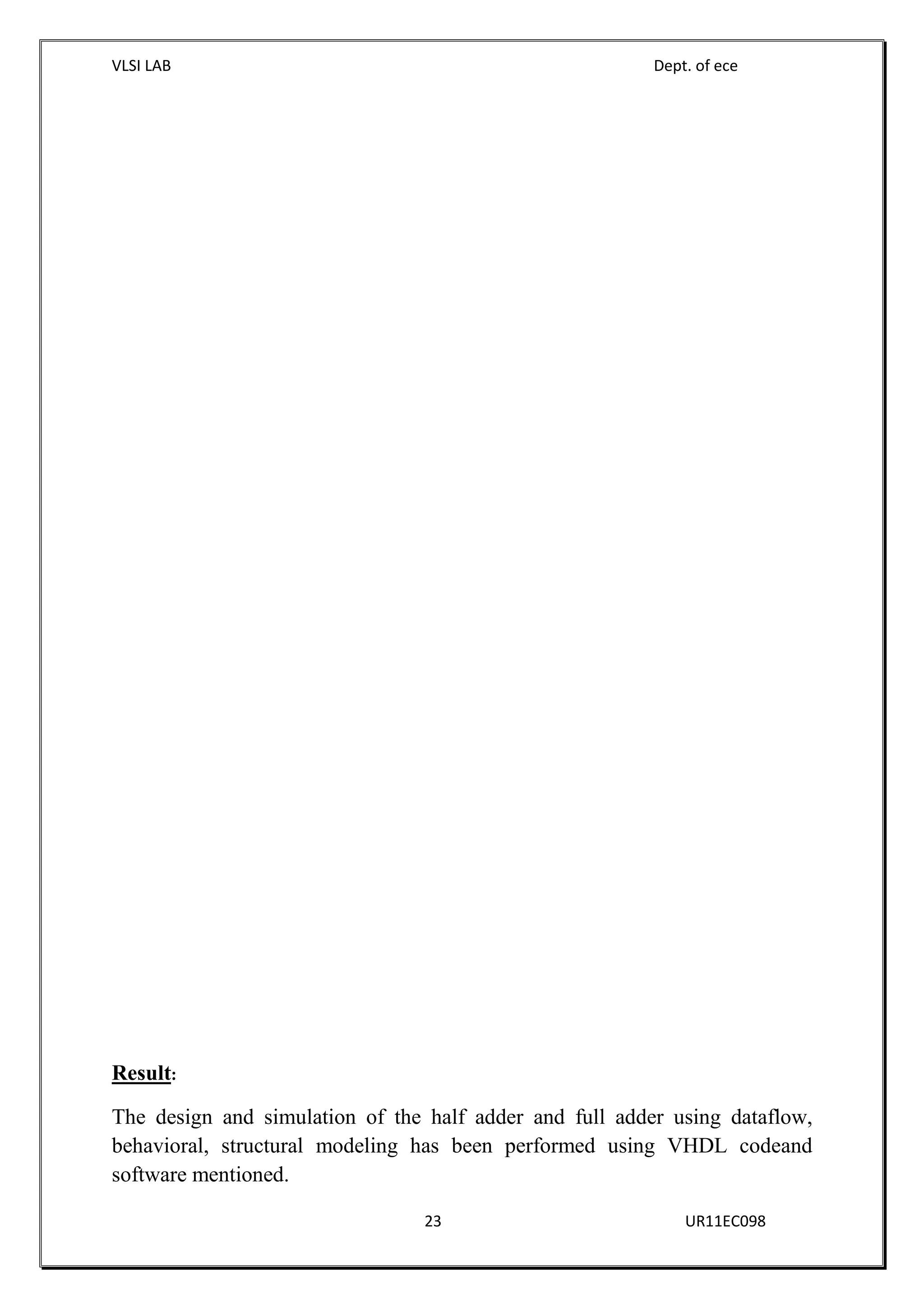 VLSI LAB Dept. of ece
23 UR11EC098
Result:
The design and simulation of the half adder and full adder using dataflow,
behavioral, structural modeling has been performed using VHDL codeand
software mentioned.
 