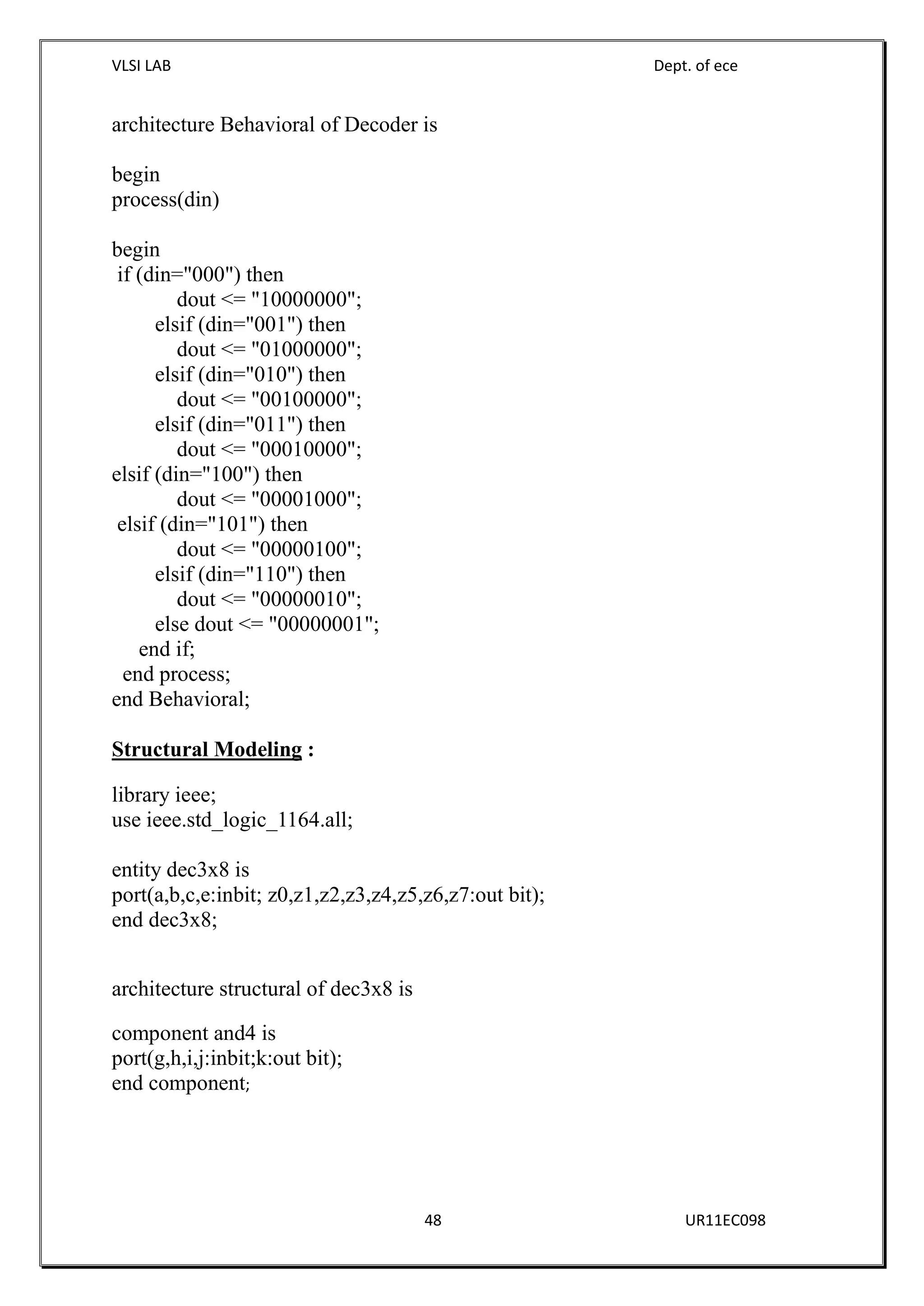 VLSI LAB Dept. of ece
48 UR11EC098
architecture Behavioral of Decoder is
begin
process(din)
begin
if (din="000") then
dout <= "10000000";
elsif (din="001") then
dout <= "01000000";
elsif (din="010") then
dout <= "00100000";
elsif (din="011") then
dout <= "00010000";
elsif (din="100") then
dout <= "00001000";
elsif (din="101") then
dout <= "00000100";
elsif (din="110") then
dout <= "00000010";
else dout <= "00000001";
end if;
end process;
end Behavioral;
Structural Modeling :
library ieee;
use ieee.std_logic_1164.all;
entity dec3x8 is
port(a,b,c,e:inbit; z0,z1,z2,z3,z4,z5,z6,z7:out bit);
end dec3x8;
architecture structural of dec3x8 is
component and4 is
port(g,h,i,j:inbit;k:out bit);
end component;
 