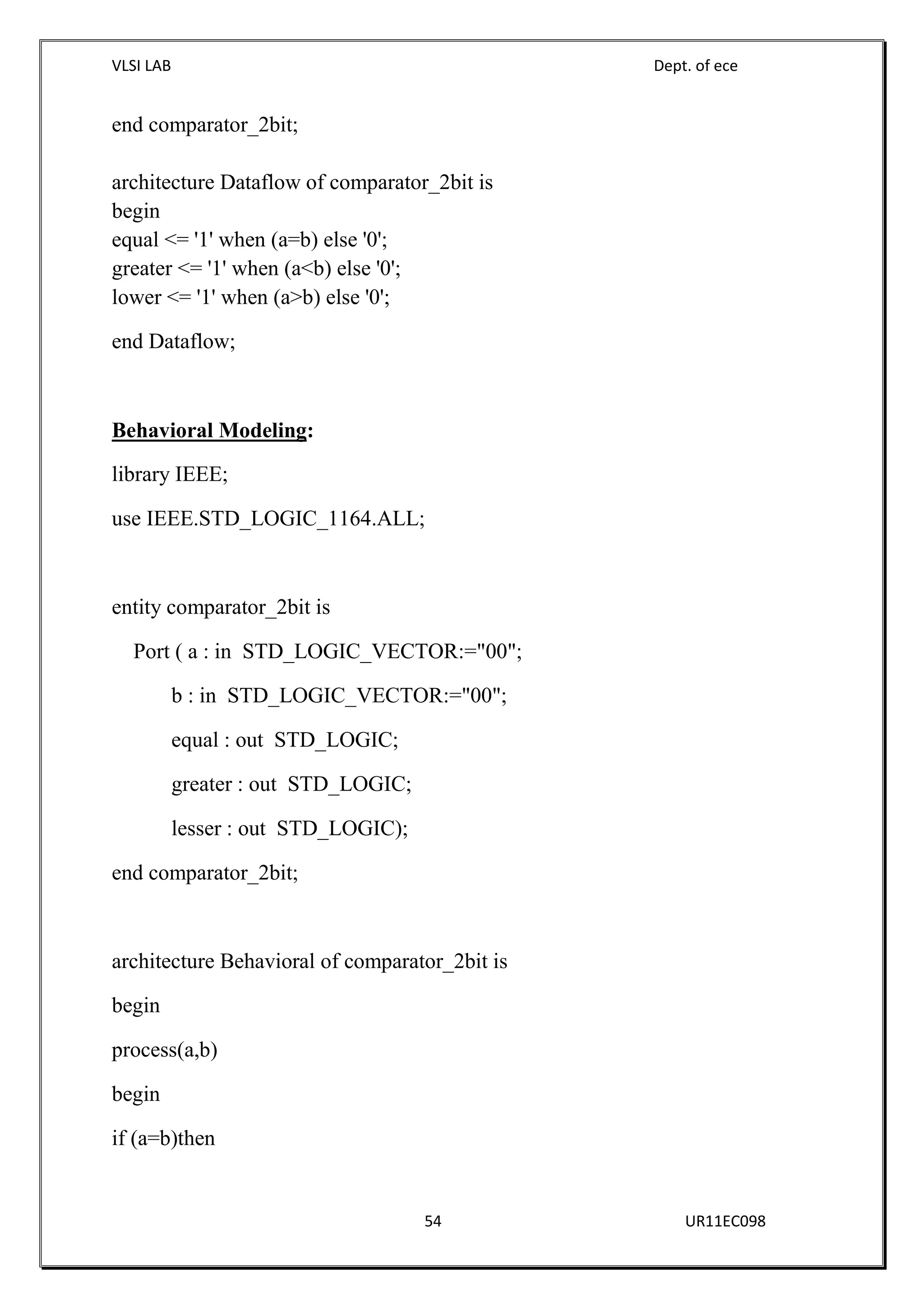 VLSI LAB Dept. of ece
54 UR11EC098
end comparator_2bit;
architecture Dataflow of comparator_2bit is
begin
equal <= '1' when (a=b) else '0';
greater <= '1' when (a<b) else '0';
lower <= '1' when (a>b) else '0';
end Dataflow;
Behavioral Modeling:
library IEEE;
use IEEE.STD_LOGIC_1164.ALL;
entity comparator_2bit is
Port ( a : in STD_LOGIC_VECTOR:="00";
b : in STD_LOGIC_VECTOR:="00";
equal : out STD_LOGIC;
greater : out STD_LOGIC;
lesser : out STD_LOGIC);
end comparator_2bit;
architecture Behavioral of comparator_2bit is
begin
process(a,b)
begin
if (a=b)then
 