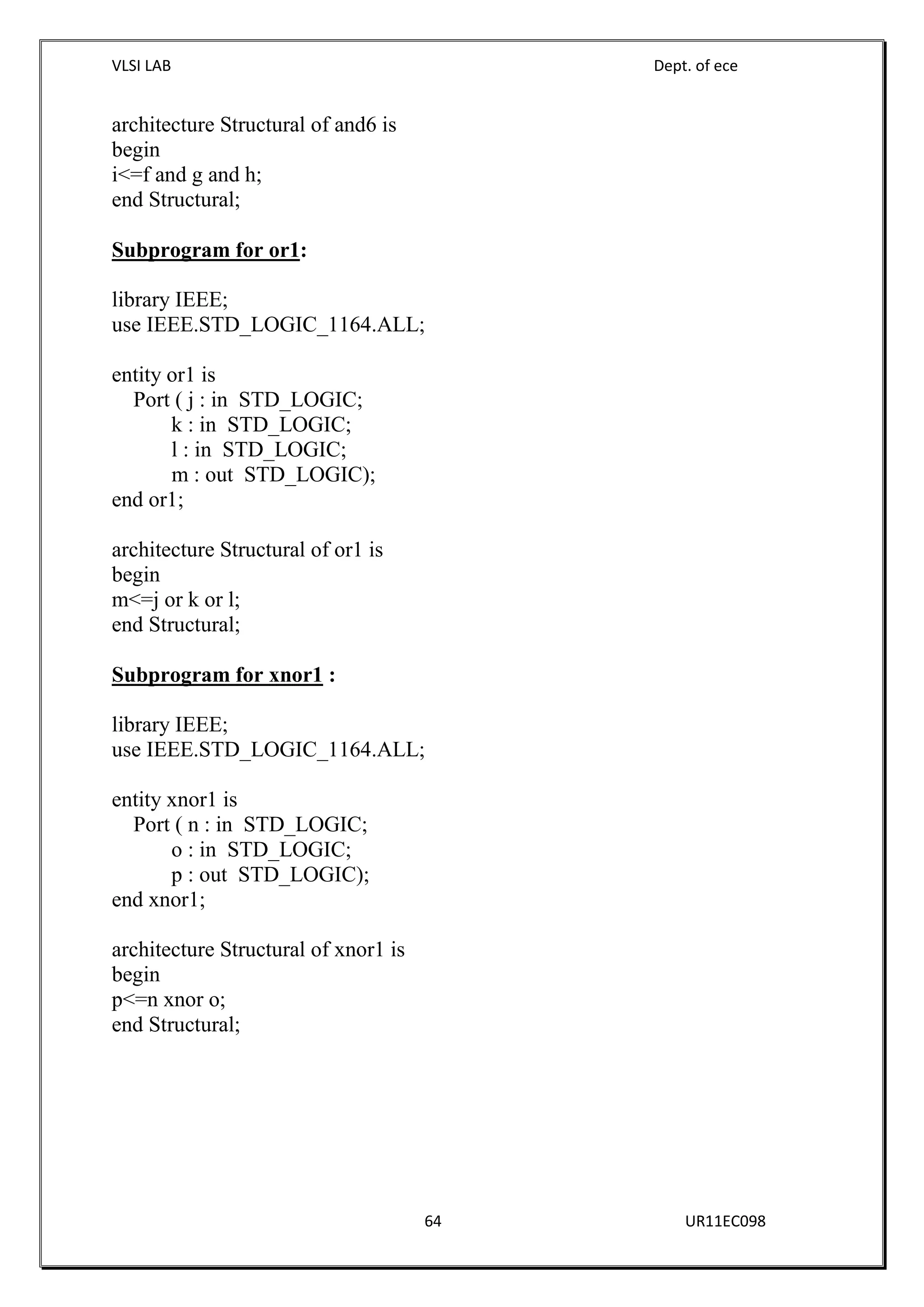 VLSI LAB Dept. of ece
64 UR11EC098
architecture Structural of and6 is
begin
i<=f and g and h;
end Structural;
Subprogram for or1:
library IEEE;
use IEEE.STD_LOGIC_1164.ALL;
entity or1 is
Port ( j : in STD_LOGIC;
k : in STD_LOGIC;
l : in STD_LOGIC;
m : out STD_LOGIC);
end or1;
architecture Structural of or1 is
begin
m<=j or k or l;
end Structural;
Subprogram for xnor1 :
library IEEE;
use IEEE.STD_LOGIC_1164.ALL;
entity xnor1 is
Port ( n : in STD_LOGIC;
o : in STD_LOGIC;
p : out STD_LOGIC);
end xnor1;
architecture Structural of xnor1 is
begin
p<=n xnor o;
end Structural;
 