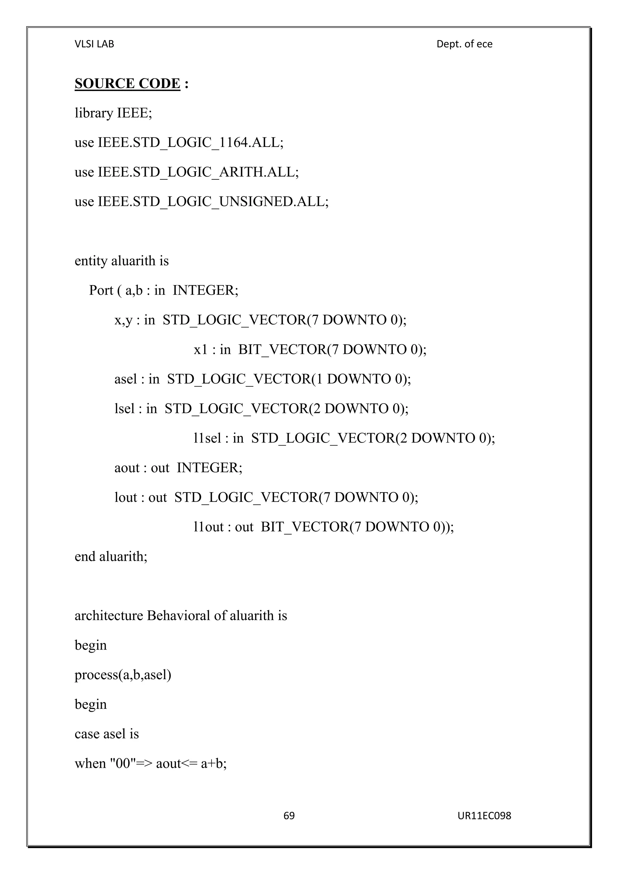 VLSI LAB Dept. of ece
69 UR11EC098
SOURCE CODE :
library IEEE;
use IEEE.STD_LOGIC_1164.ALL;
use IEEE.STD_LOGIC_ARITH.ALL;
use IEEE.STD_LOGIC_UNSIGNED.ALL;
entity aluarith is
Port ( a,b : in INTEGER;
x,y : in STD_LOGIC_VECTOR(7 DOWNTO 0);
x1 : in BIT_VECTOR(7 DOWNTO 0);
asel : in STD_LOGIC_VECTOR(1 DOWNTO 0);
lsel : in STD_LOGIC_VECTOR(2 DOWNTO 0);
l1sel : in STD_LOGIC_VECTOR(2 DOWNTO 0);
aout : out INTEGER;
lout : out STD_LOGIC_VECTOR(7 DOWNTO 0);
l1out : out BIT_VECTOR(7 DOWNTO 0));
end aluarith;
architecture Behavioral of aluarith is
begin
process(a,b,asel)
begin
case asel is
when "00"=> aout<= a+b;
 