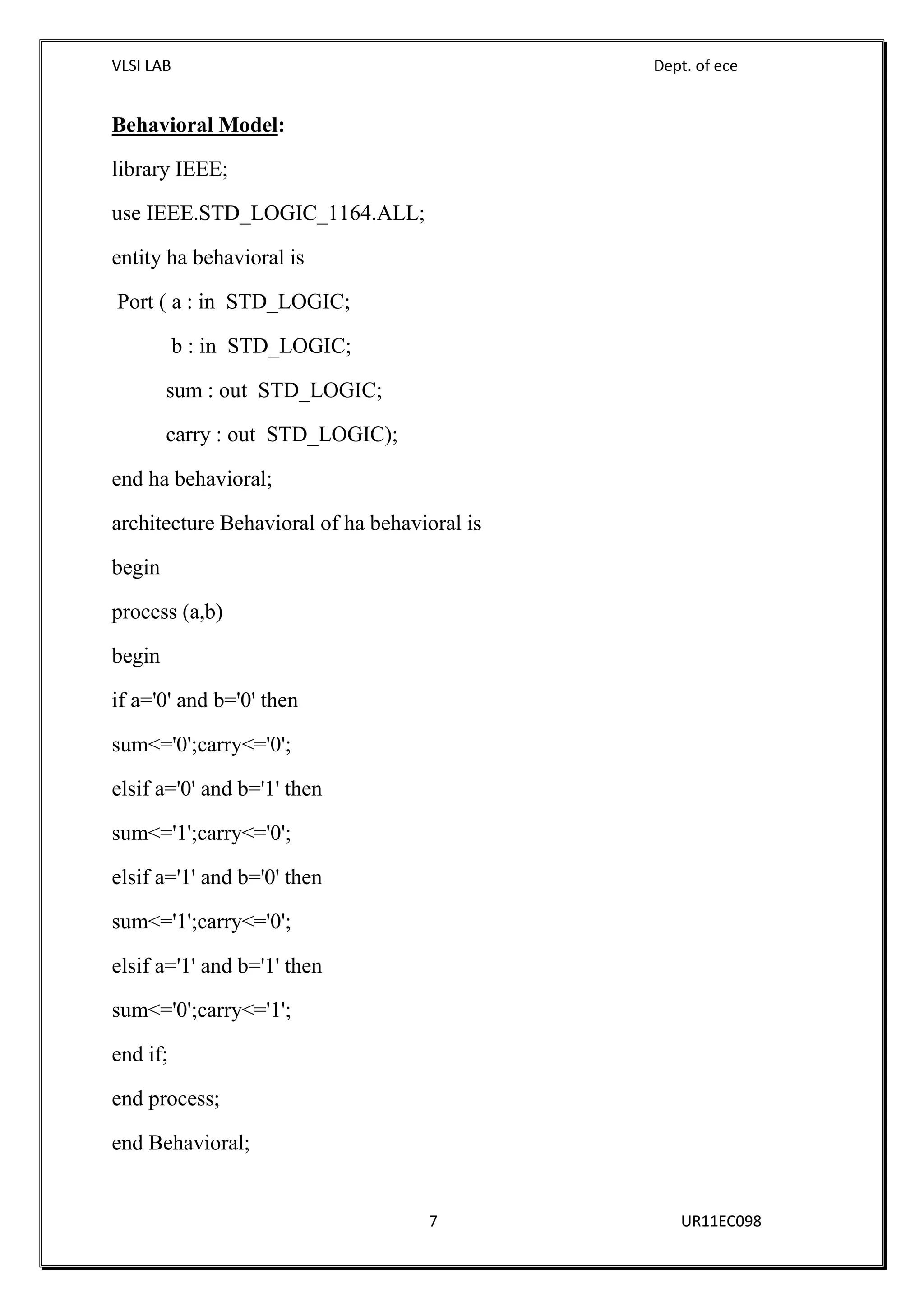 VLSI LAB Dept. of ece
7 UR11EC098
Behavioral Model:
library IEEE;
use IEEE.STD_LOGIC_1164.ALL;
entity ha behavioral is
Port ( a : in STD_LOGIC;
b : in STD_LOGIC;
sum : out STD_LOGIC;
carry : out STD_LOGIC);
end ha behavioral;
architecture Behavioral of ha behavioral is
begin
process (a,b)
begin
if a='0' and b='0' then
sum<='0';carry<='0';
elsif a='0' and b='1' then
sum<='1';carry<='0';
elsif a='1' and b='0' then
sum<='1';carry<='0';
elsif a='1' and b='1' then
sum<='0';carry<='1';
end if;
end process;
end Behavioral;
 