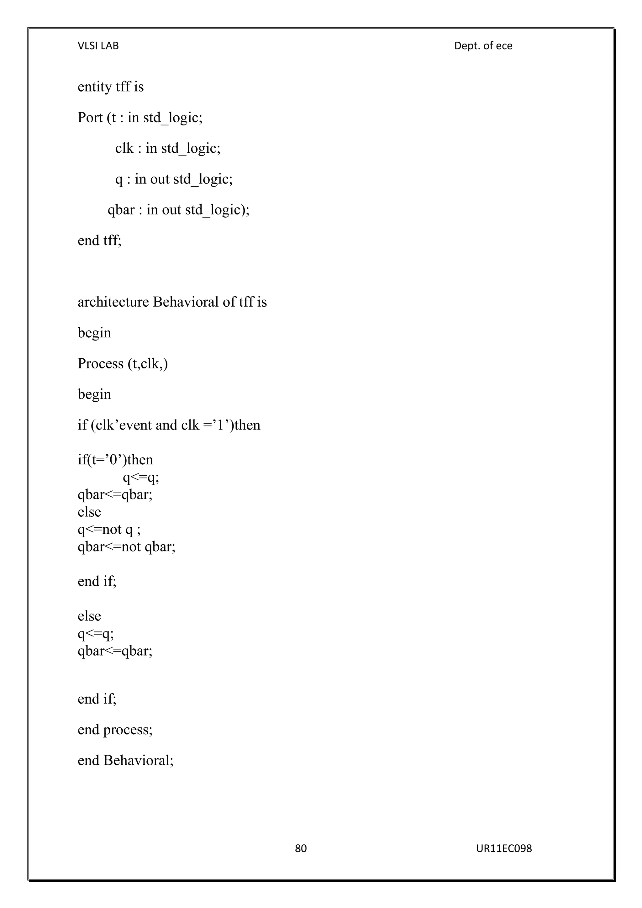 VLSI LAB Dept. of ece
80 UR11EC098
entity tff is
Port (t : in std_logic;
clk : in std_logic;
q : in out std_logic;
qbar : in out std_logic);
end tff;
architecture Behavioral of tff is
begin
Process (t,clk,)
begin
if (clk’event and clk =’1’)then
if(t=’0’)then
q<=q;
qbar<=qbar;
else
q<=not q ;
qbar<=not qbar;
end if;
else
q<=q;
qbar<=qbar;
end if;
end process;
end Behavioral;
 