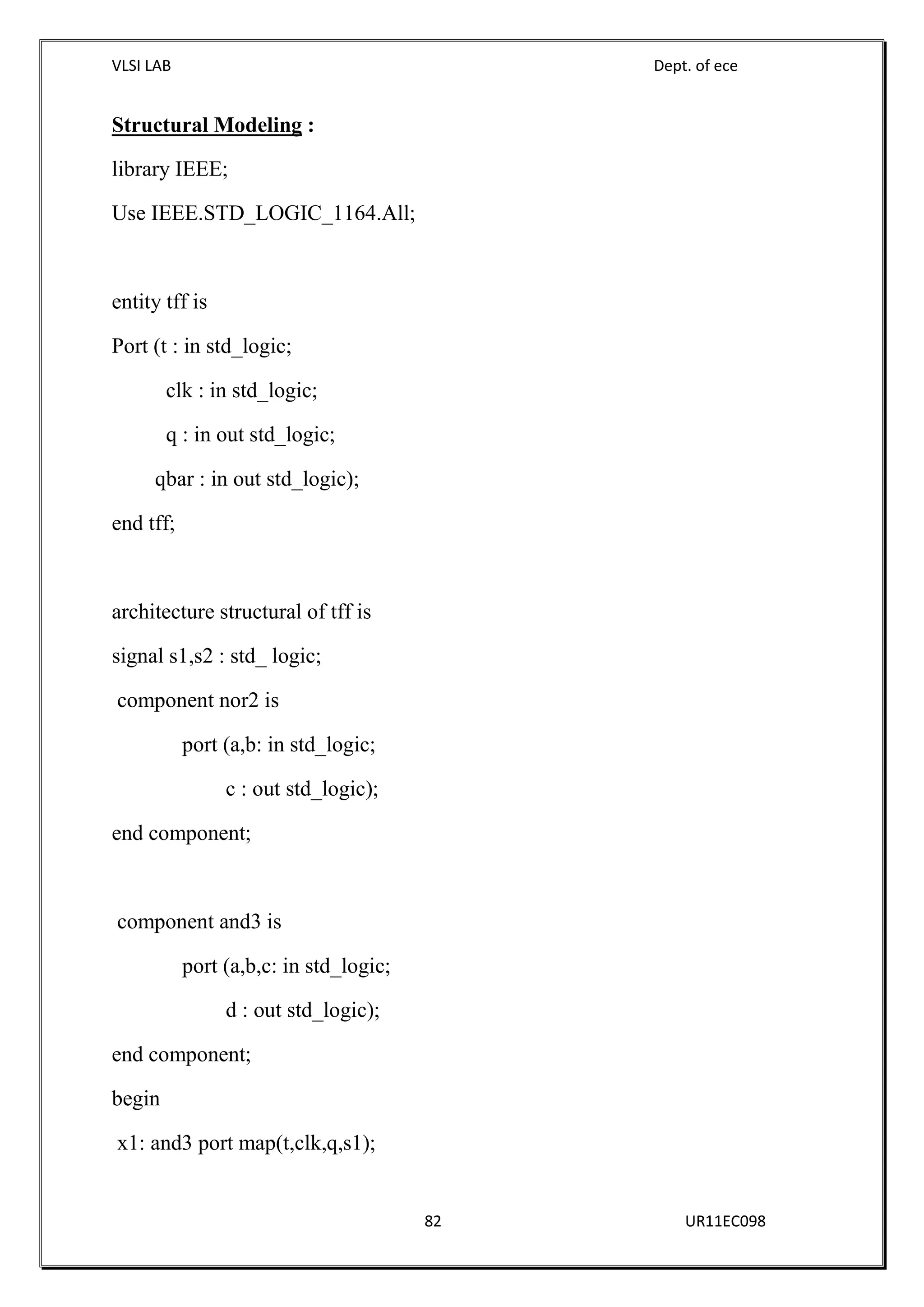 VLSI LAB Dept. of ece
82 UR11EC098
Structural Modeling :
library IEEE;
Use IEEE.STD_LOGIC_1164.All;
entity tff is
Port (t : in std_logic;
clk : in std_logic;
q : in out std_logic;
qbar : in out std_logic);
end tff;
architecture structural of tff is
signal s1,s2 : std_ logic;
component nor2 is
port (a,b: in std_logic;
c : out std_logic);
end component;
component and3 is
port (a,b,c: in std_logic;
d : out std_logic);
end component;
begin
x1: and3 port map(t,clk,q,s1);
 