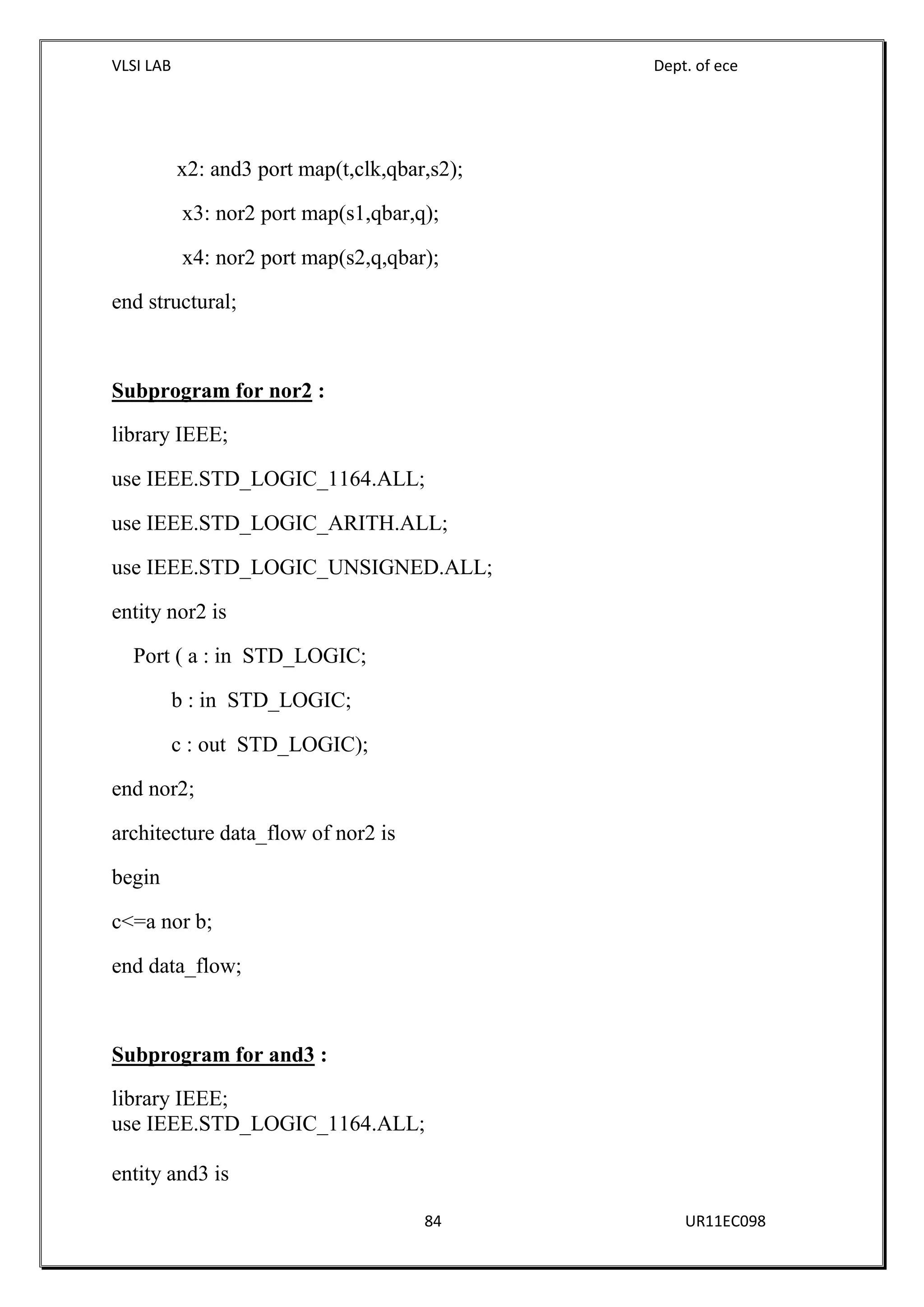 VLSI LAB Dept. of ece
84 UR11EC098
x2: and3 port map(t,clk,qbar,s2);
x3: nor2 port map(s1,qbar,q);
x4: nor2 port map(s2,q,qbar);
end structural;
Subprogram for nor2 :
library IEEE;
use IEEE.STD_LOGIC_1164.ALL;
use IEEE.STD_LOGIC_ARITH.ALL;
use IEEE.STD_LOGIC_UNSIGNED.ALL;
entity nor2 is
Port ( a : in STD_LOGIC;
b : in STD_LOGIC;
c : out STD_LOGIC);
end nor2;
architecture data_flow of nor2 is
begin
c<=a nor b;
end data_flow;
Subprogram for and3 :
library IEEE;
use IEEE.STD_LOGIC_1164.ALL;
entity and3 is
 