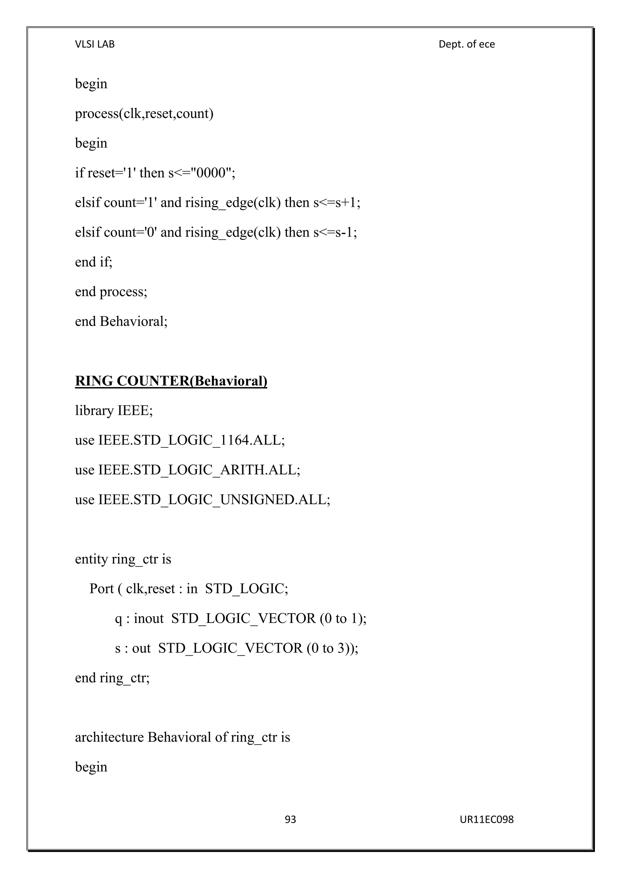 VLSI LAB Dept. of ece
93 UR11EC098
begin
process(clk,reset,count)
begin
if reset='1' then s<="0000";
elsif count='1' and rising_edge(clk) then s<=s+1;
elsif count='0' and rising_edge(clk) then s<=s-1;
end if;
end process;
end Behavioral;
RING COUNTER(Behavioral)
library IEEE;
use IEEE.STD_LOGIC_1164.ALL;
use IEEE.STD_LOGIC_ARITH.ALL;
use IEEE.STD_LOGIC_UNSIGNED.ALL;
entity ring_ctr is
Port ( clk,reset : in STD_LOGIC;
q : inout STD_LOGIC_VECTOR (0 to 1);
s : out STD_LOGIC_VECTOR (0 to 3));
end ring_ctr;
architecture Behavioral of ring_ctr is
begin
 