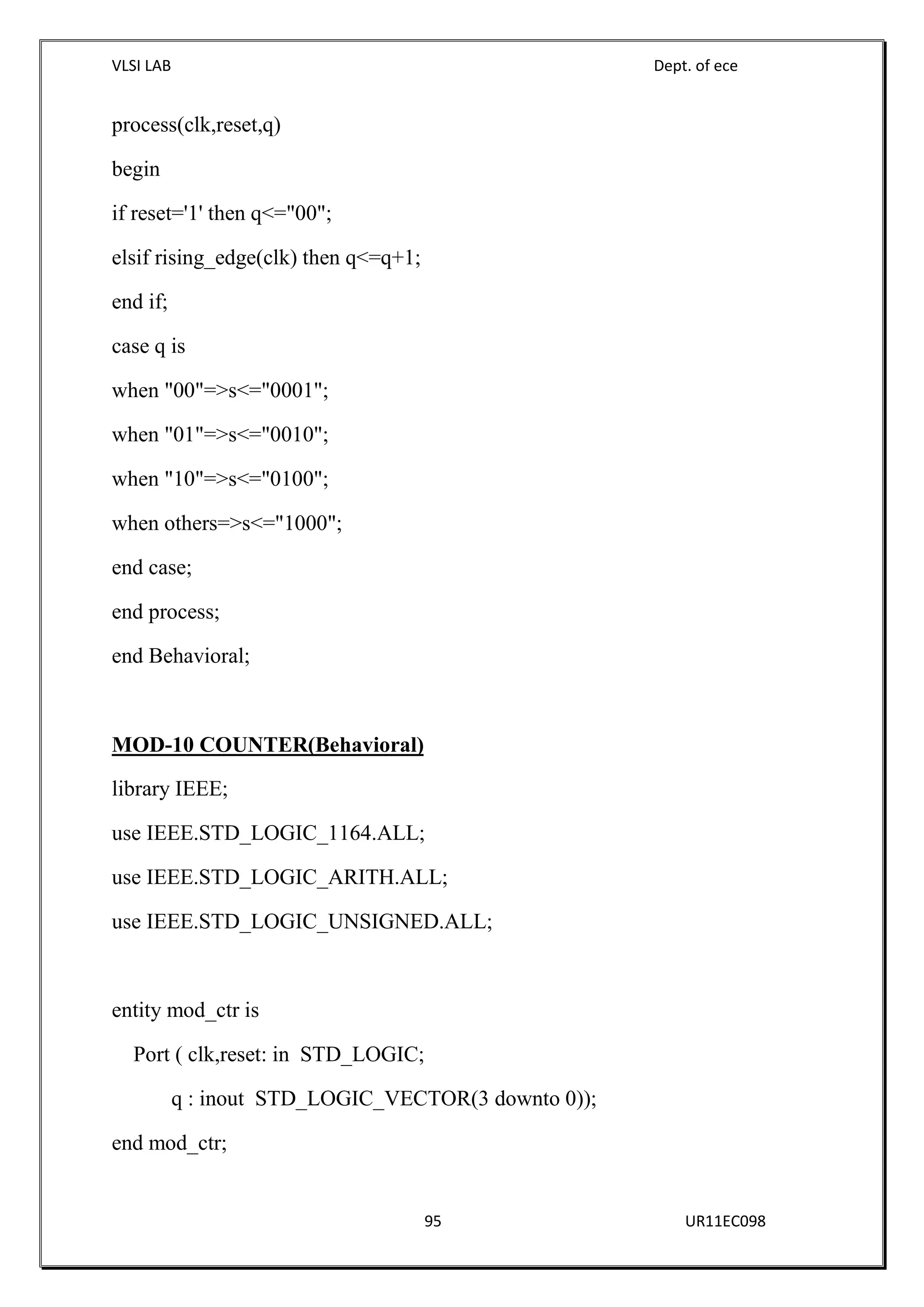 VLSI LAB Dept. of ece
95 UR11EC098
process(clk,reset,q)
begin
if reset='1' then q<="00";
elsif rising_edge(clk) then q<=q+1;
end if;
case q is
when "00"=>s<="0001";
when "01"=>s<="0010";
when "10"=>s<="0100";
when others=>s<="1000";
end case;
end process;
end Behavioral;
MOD-10 COUNTER(Behavioral)
library IEEE;
use IEEE.STD_LOGIC_1164.ALL;
use IEEE.STD_LOGIC_ARITH.ALL;
use IEEE.STD_LOGIC_UNSIGNED.ALL;
entity mod_ctr is
Port ( clk,reset: in STD_LOGIC;
q : inout STD_LOGIC_VECTOR(3 downto 0));
end mod_ctr;
 