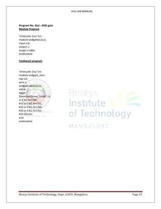 VLSI LAB MANUAL
Bearys Institute of Technology, Dept. of ECE, Mangaluru Page 25
Program No. 4(a) : AND gate
Module Program
‘timescale 1ns/ 1ns
module andgate(a,b,c);
input a,b;
output c;
assign c=a&b;
endmodule
Testbench program
‘timescale 1ns/ 1ns
module andgate_test;
reg a,b;
wire c;
andgate abc(a,b,c);
initial
begin
$monitor($time,"c=%d",c);
a=1'b0; b=1'b0;
#10 a=1'b0; b=1'b1;
#10 a=1'b1; b=1'b0;
#10 a=1'b1; b=1'b1;
#10 $finish;
end
endmodule
 