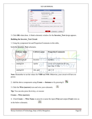 VLSI LAB MANUAL
Bearys Institute of Technology, Dept. of ECE, Mangaluru Page 64
3. Click OK when done. A blank schematic window for the Inverter_Test design appears.
Building the Inverter_Test Circuit
1. Using the component list and Properties/Comments in this table,
build the Inverter_Test schematic.
Note: Remember to set the values for VDD and VSS. Otherwise, your circuit will have no
power.
2. Add the above components using Create — Instance or by pressing I.
3. Click the Wire (narrow) icon and wire your schematic.
Tip: You can also press the w key, or execute
Create— Wire (narrow).
4. Click Create — Wire Name or press L to name the input (Vin) and output (Vout) wires as
in the below schematic.
Library name Cellview name Properties/Comments
myDesignLib Inverter Symbol
analogLib vpulse v1=0, v2=1.8,td=0 tr=tf=1ns,
ton=10n, T=20n
analogLib vdc, gnd vdc=1.8
 