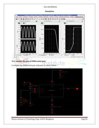 VLSI LAB MANUAL
Bearys Institute of Technology, Dept. of ECE, Mangaluru Page 84
Simulation
To Calculate the gain of Differential pair:
Configure the Differential pair schematic as shown below –
 